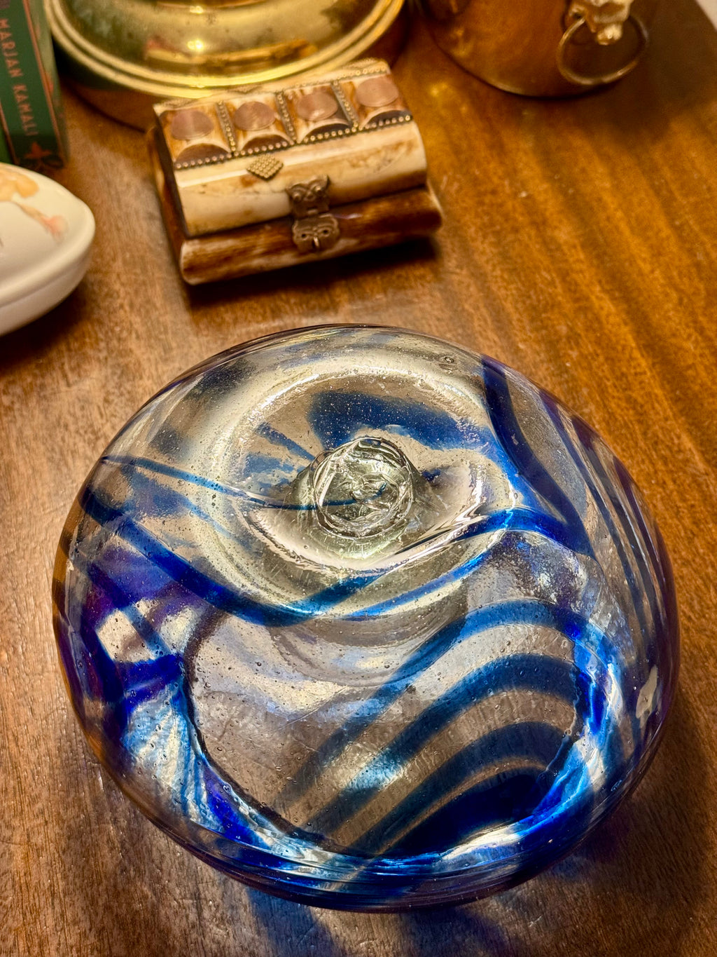 Vintage Hand-Blown Murano-Style Art Glass Tealight Holder, Cobalt Swirl, Pontil Mark