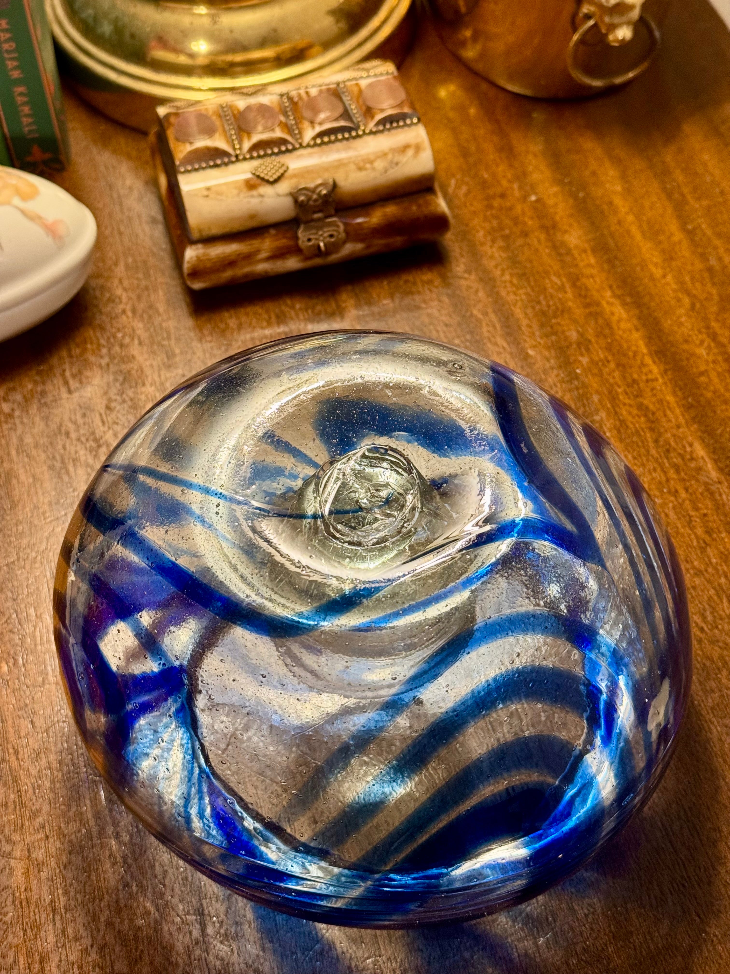 Vintage Hand-Blown Murano-Style Art Glass Tealight Holder, Cobalt Swirl, Pontil Mark