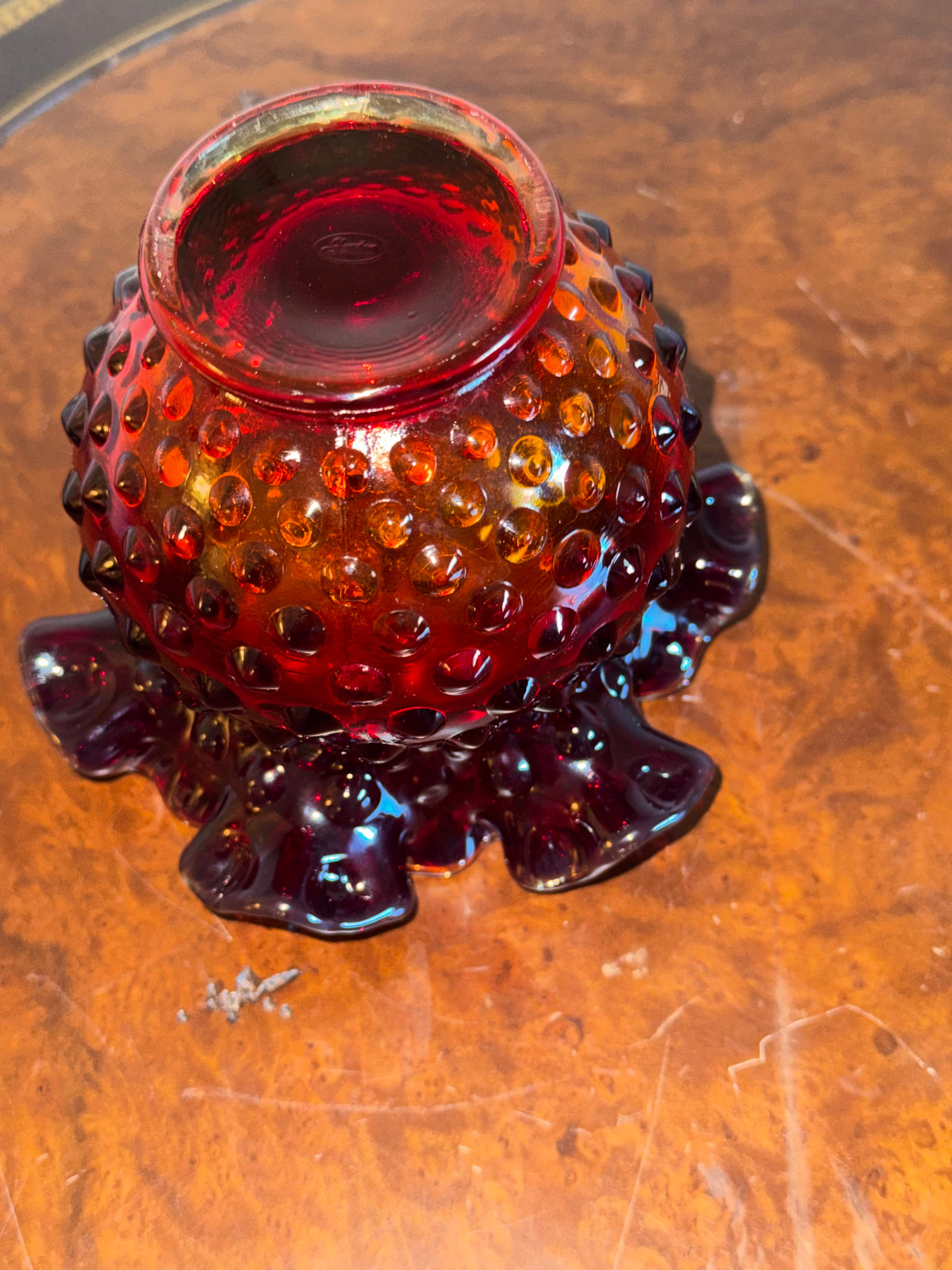 Fenton Hobnail Ruby Red Crimped Ruffled Rim Mini Vase / Amberina Glass