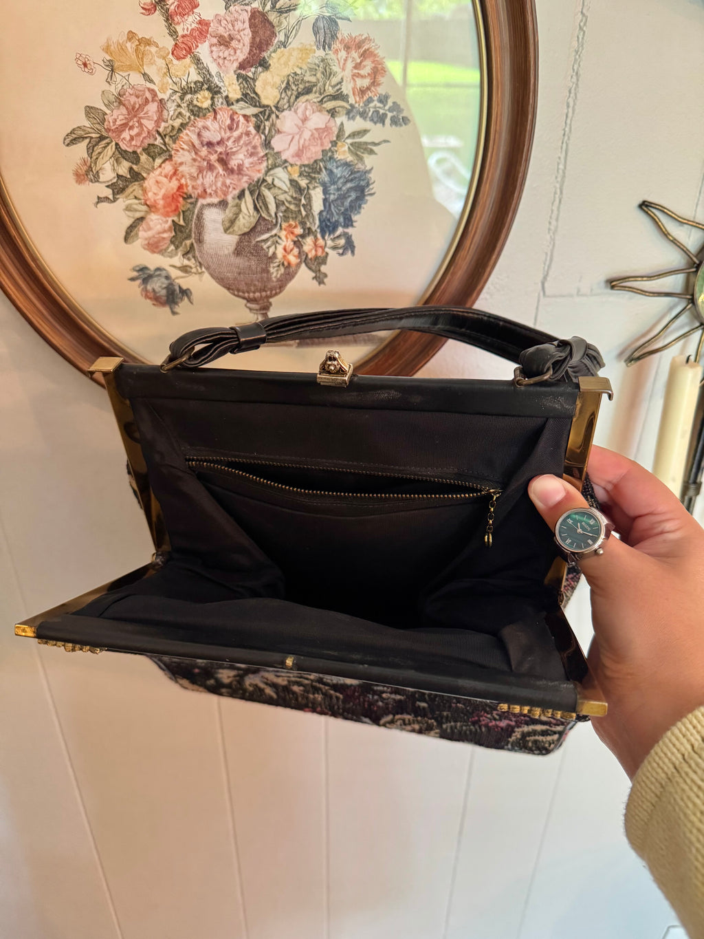 Vintage Black Floral Tapestry Handbag