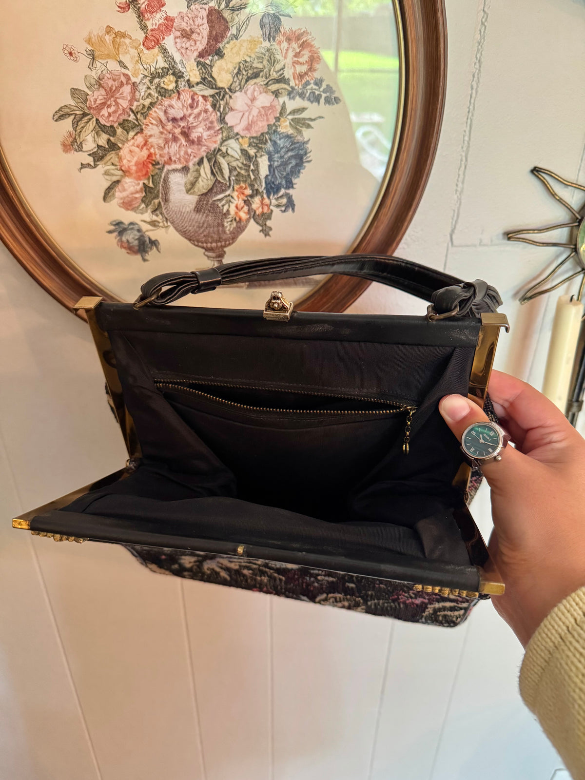 Vintage Black Floral Tapestry Handbag