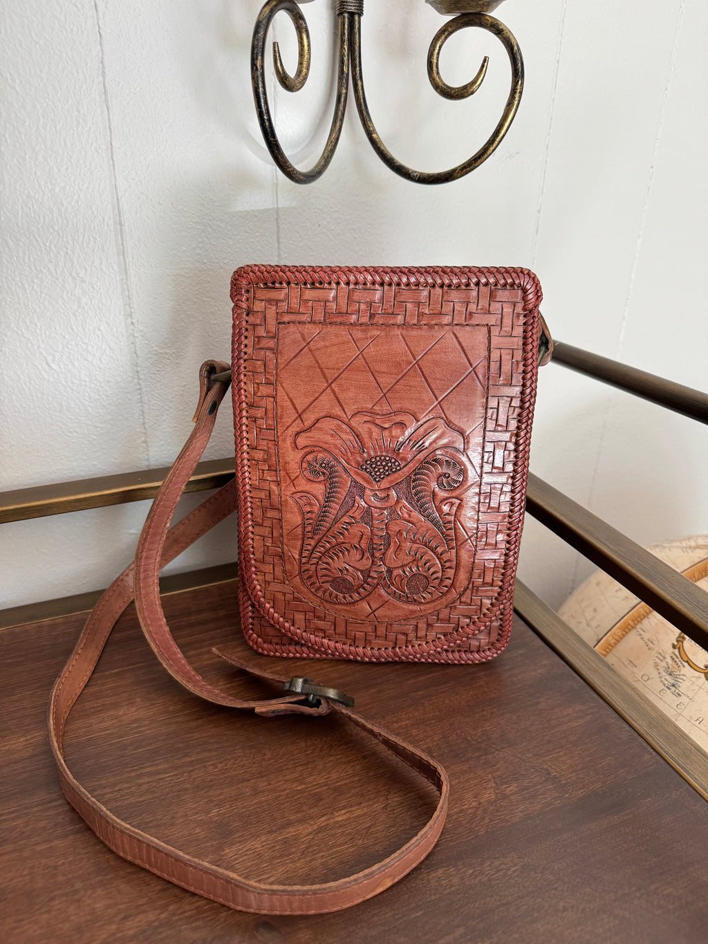 Leather Floral Carved Bag, Made in India
