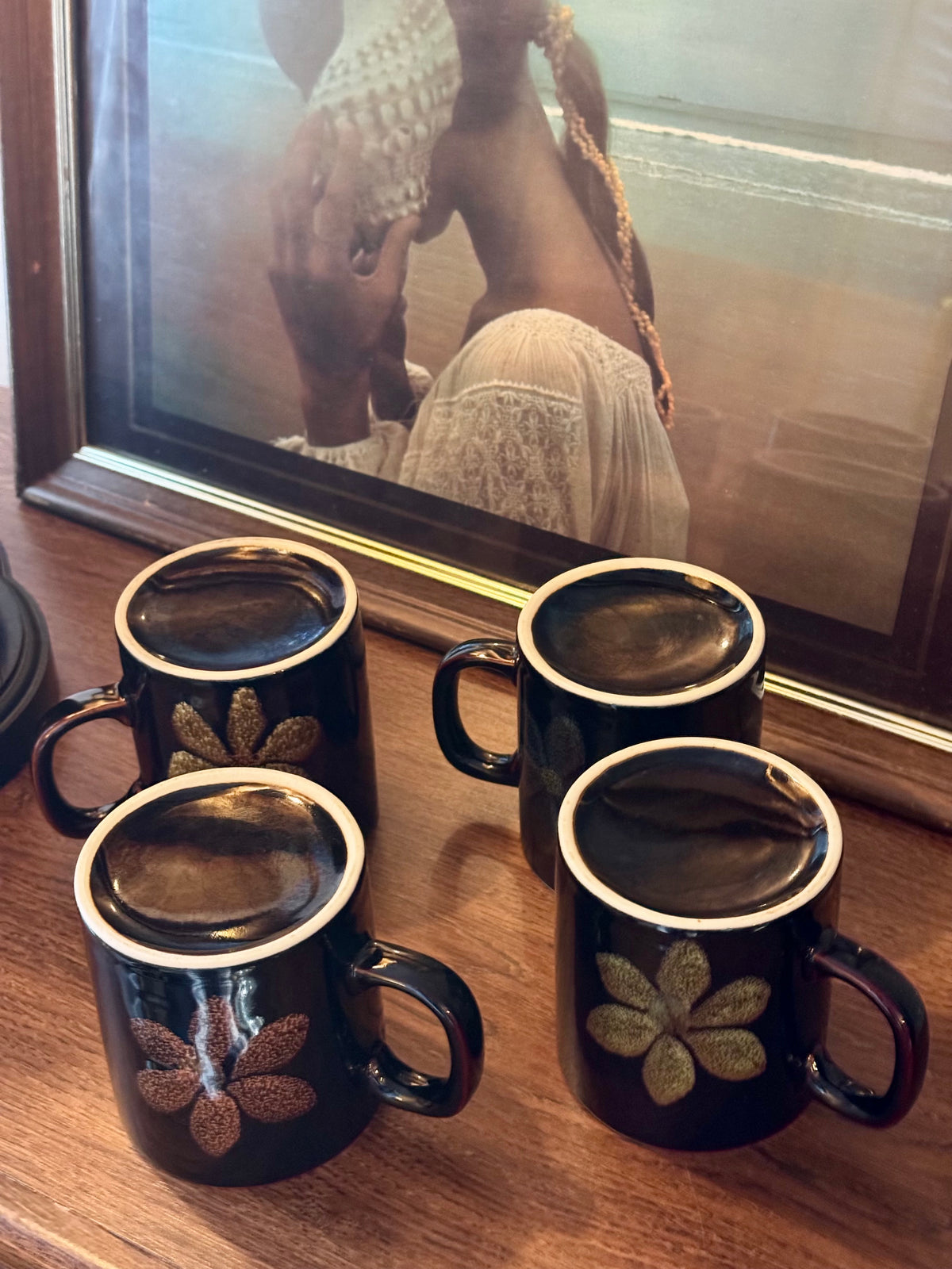 Vintage Brown Floral Ceramic Mugs, Set of 4