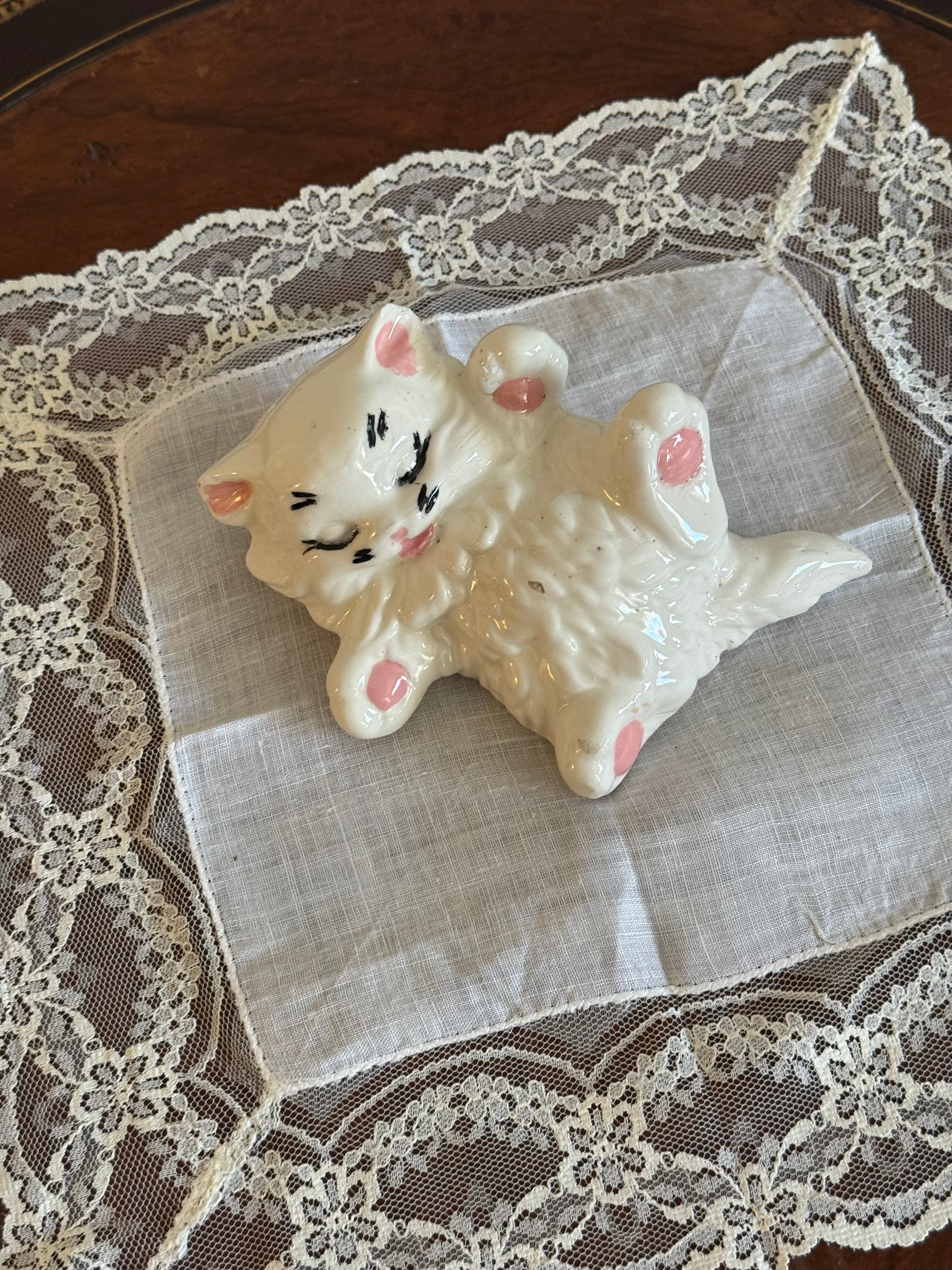 Vintage Ceramic Persian Cat Pink Paws Sleeping Eyes