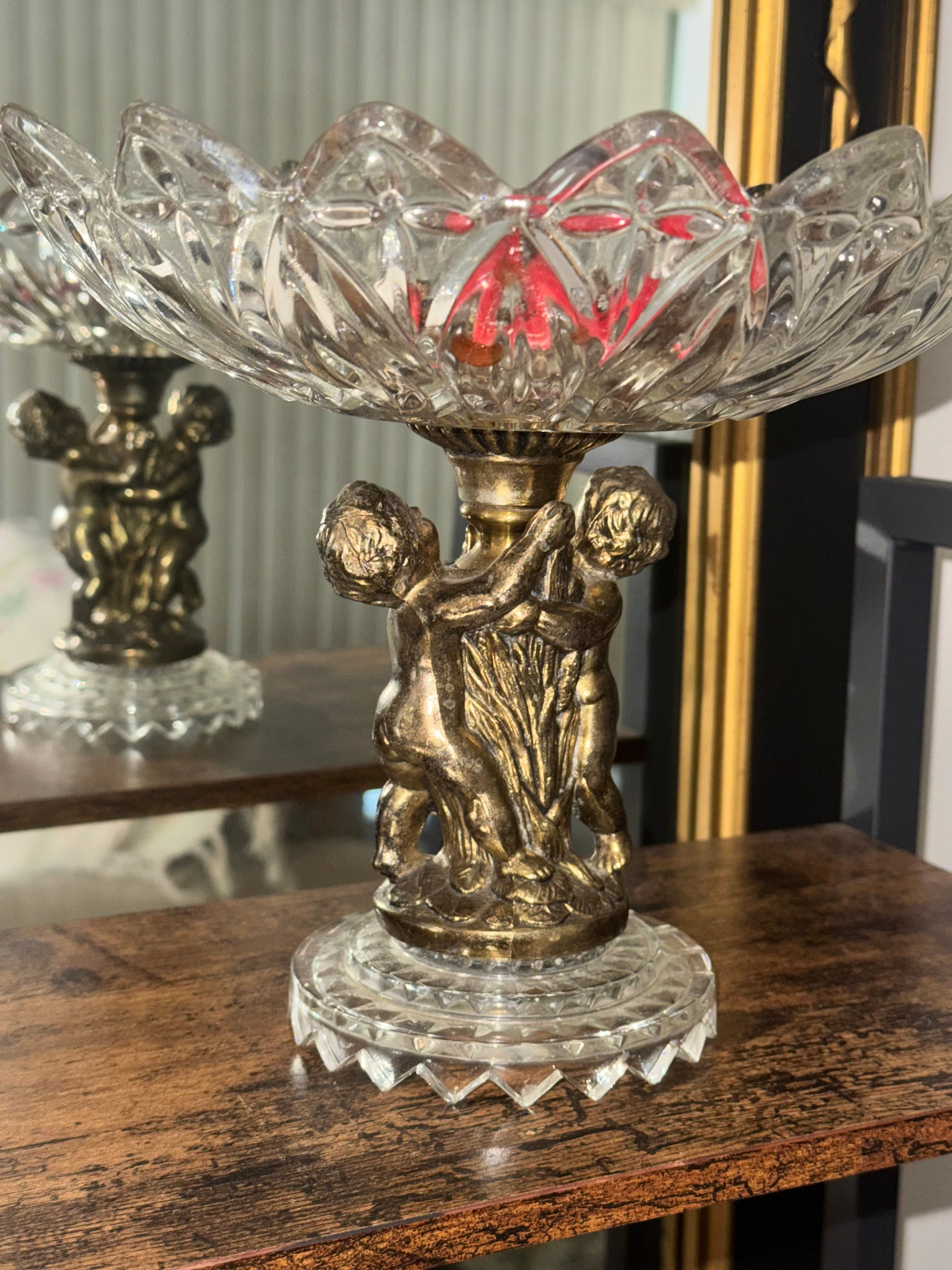 Vintage Federal Glass Petal Pressed Glass Pedestal Compote Dish with Brass Cherubs Hollywood Regency
