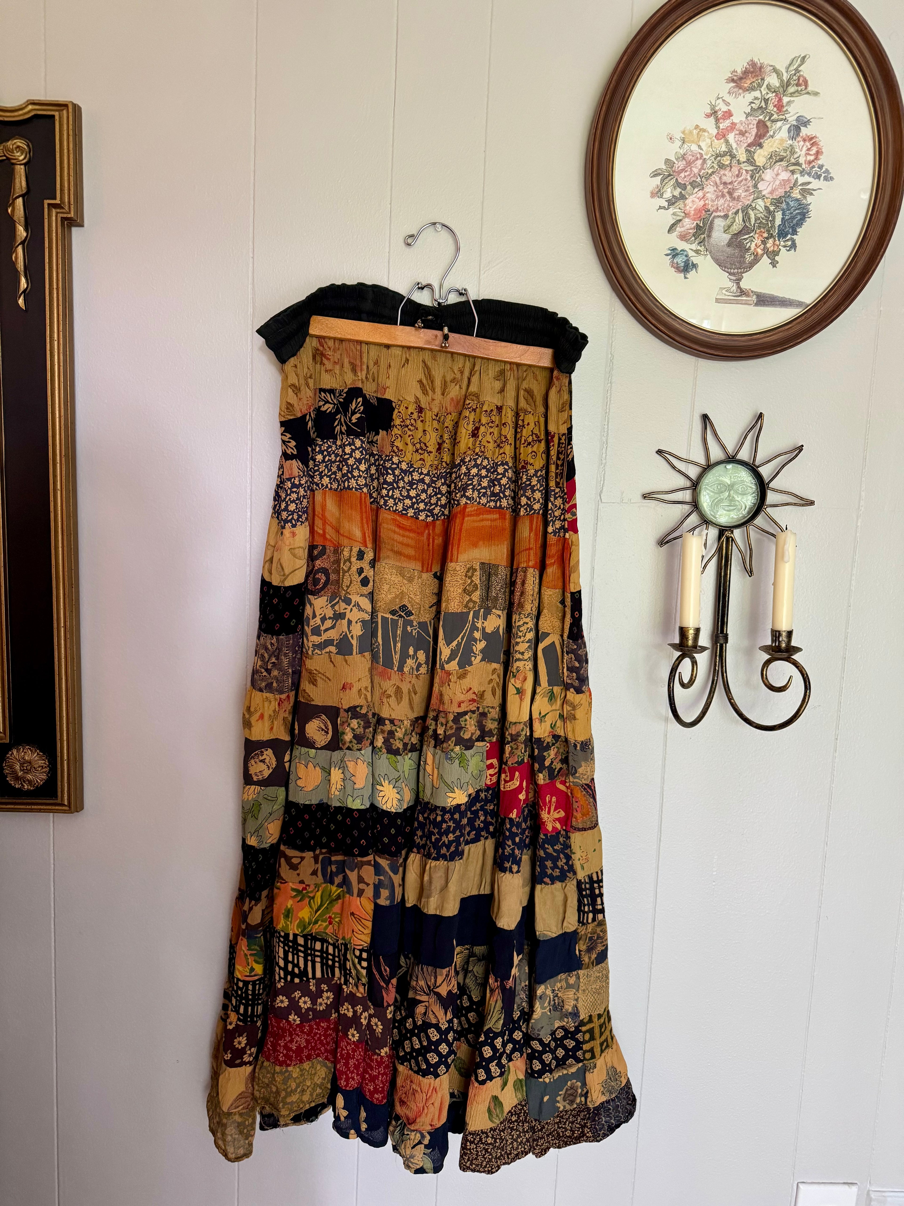 Mixed Print Patchwork Maxi Skirt Fall Leaves Pattern / Made in India / ONE SIZE