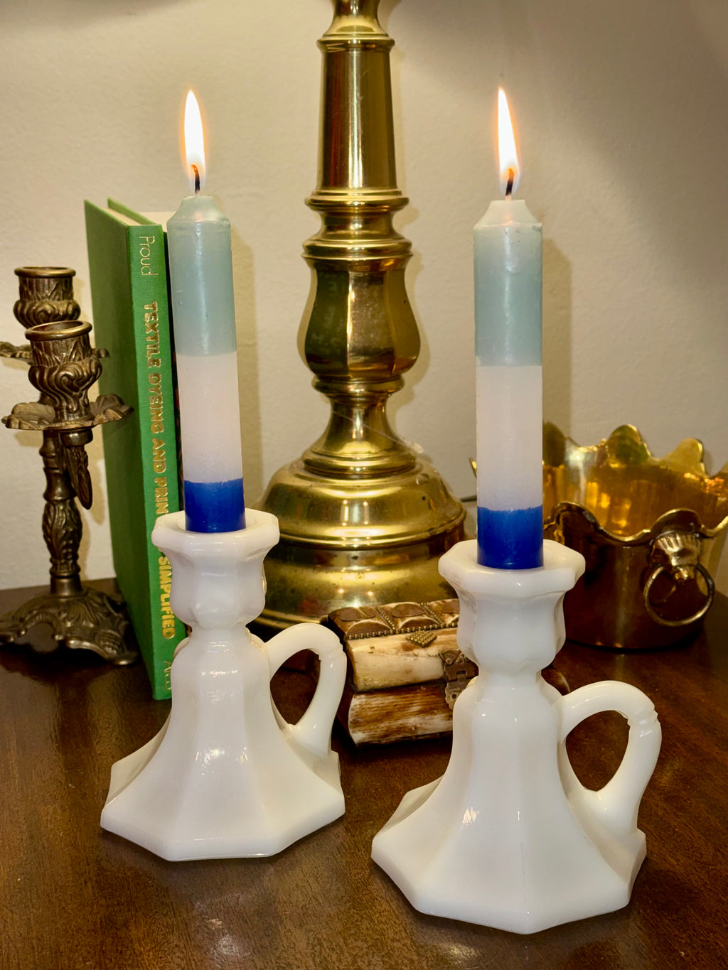 Vintage Milk Glass Candlestick Holders, Pair