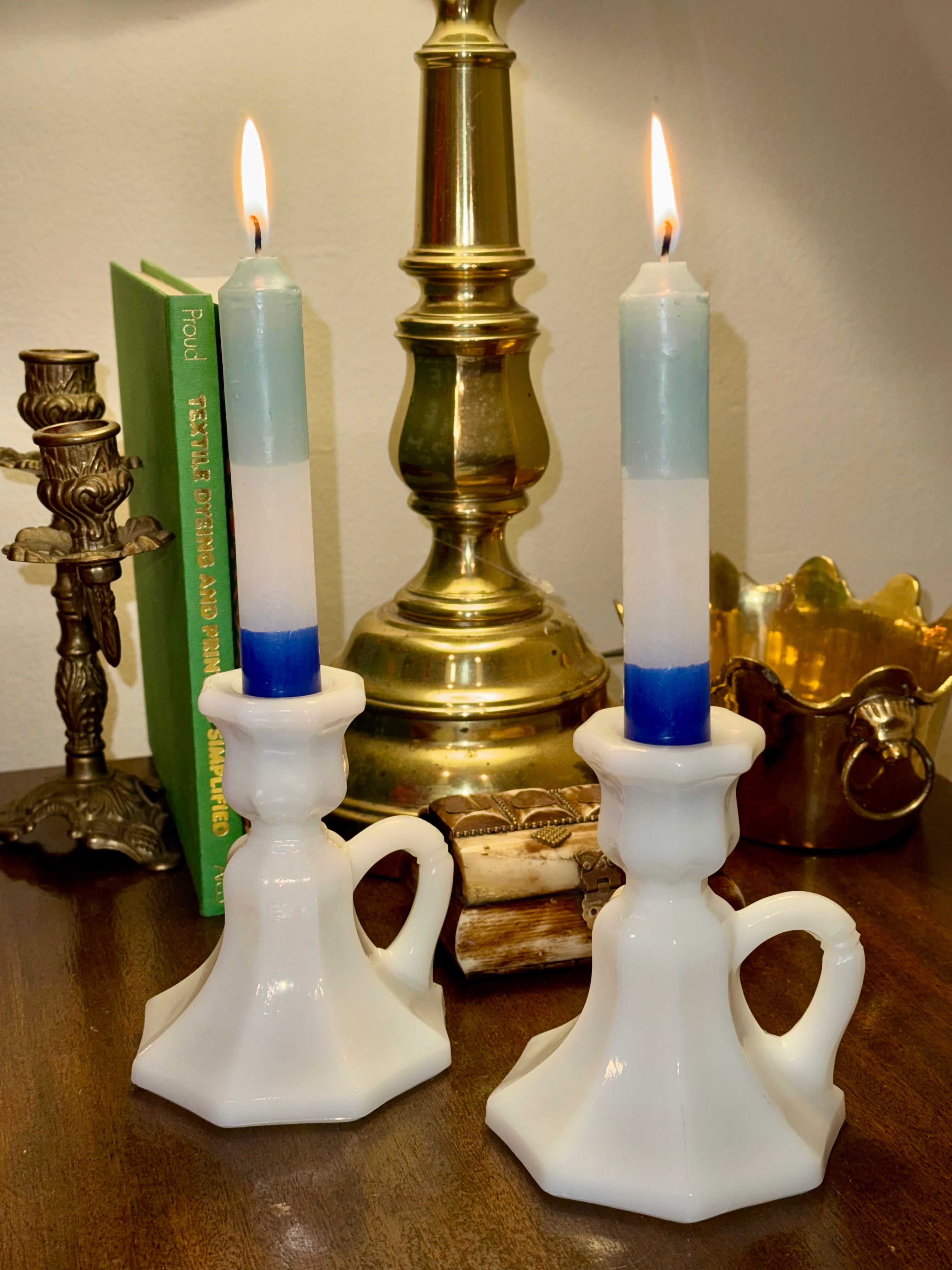 Vintage Milk Glass Candlestick Holders, Pair