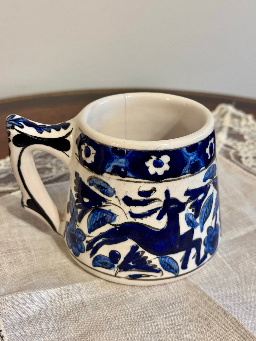 Vintage Handmade Greek Folk Pottery Mug, Cobalt Blue Leaping Deer & Floral Design—AS IS