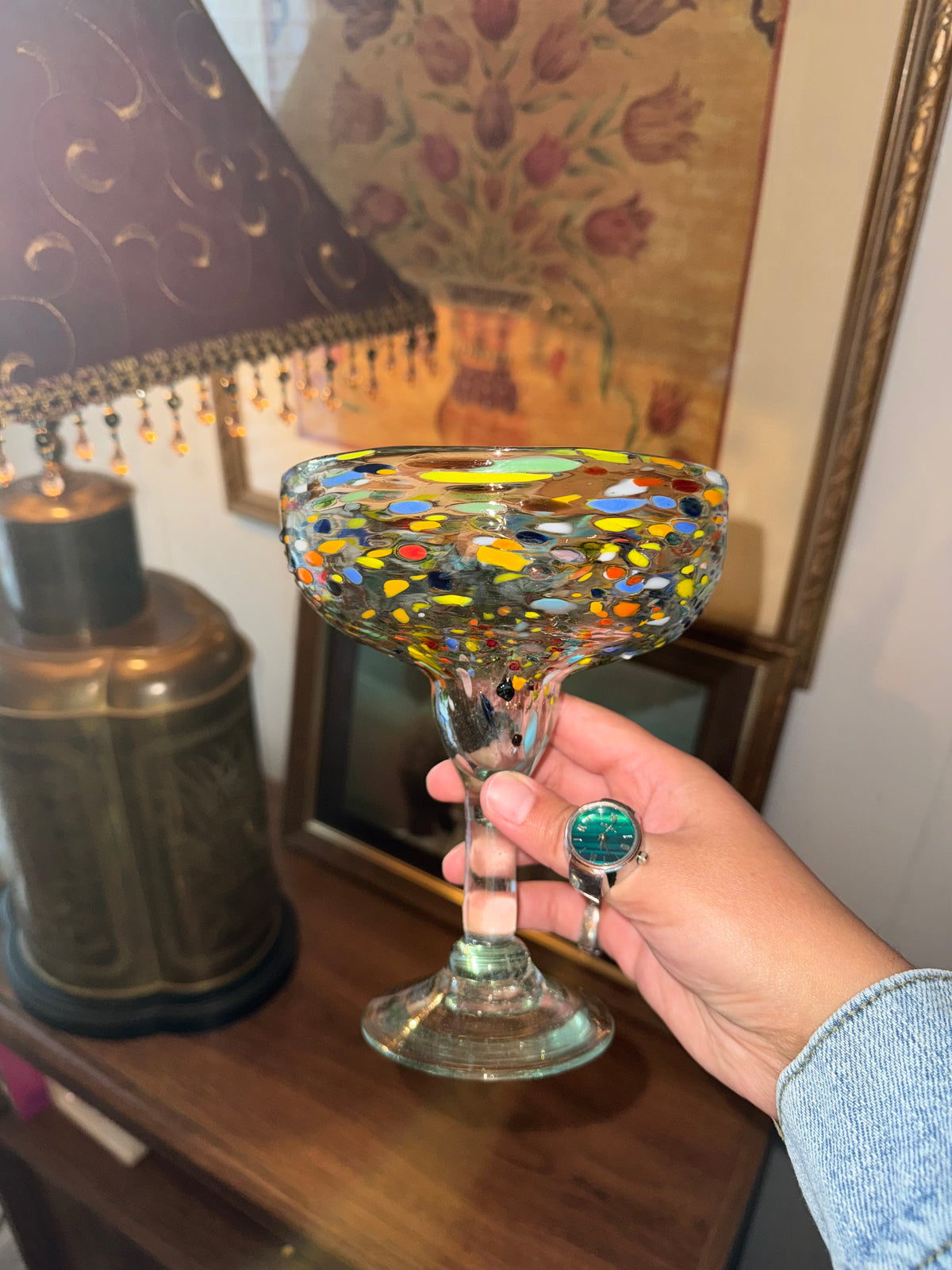 Mexican Hand-blown Margarita Glass - Confetti Multicolored Speckled Pattern