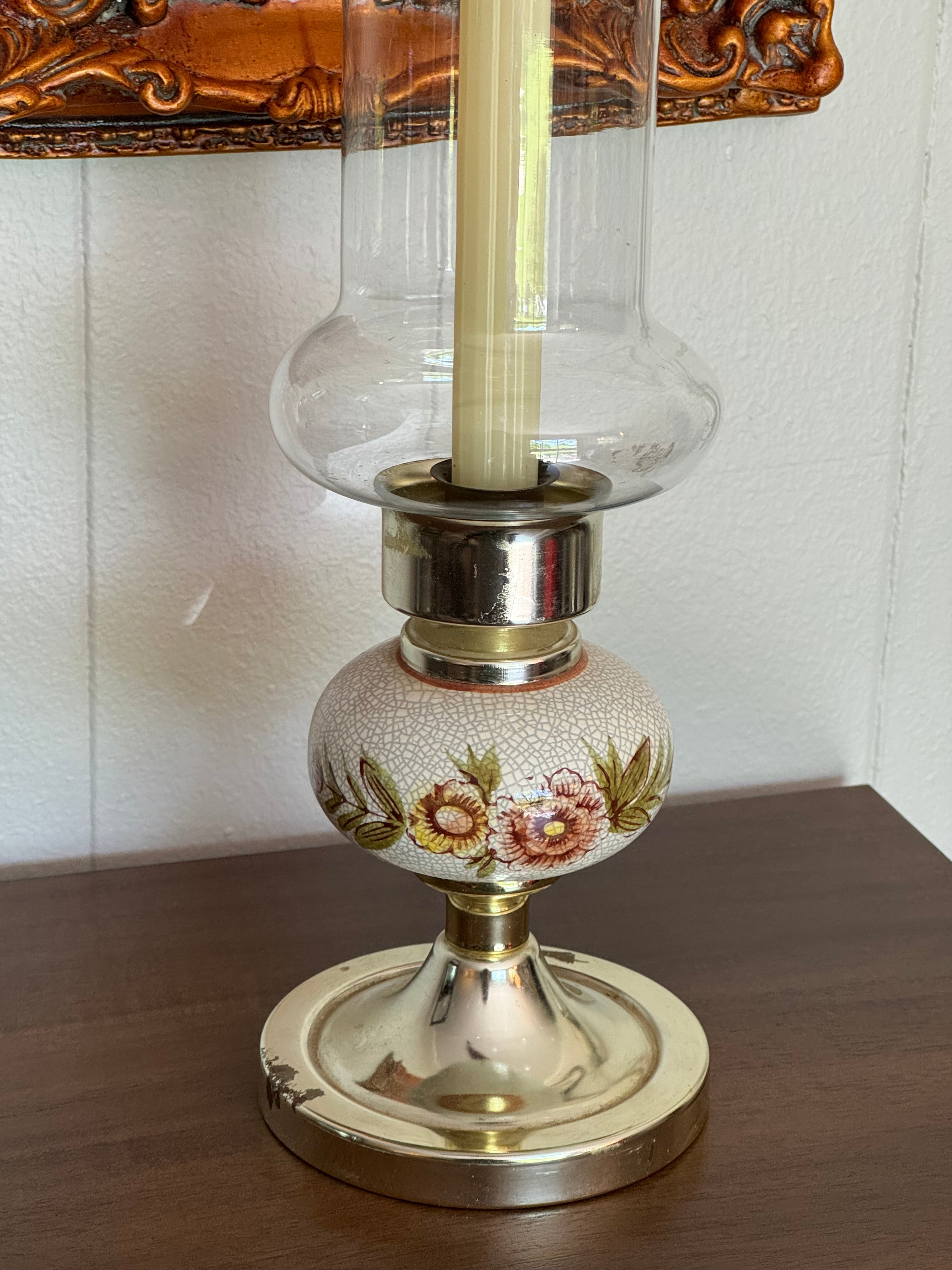 Vintage Hurricane Candlestick Holder with Glass Chimney & Floral Base - Metal & Ceramic
