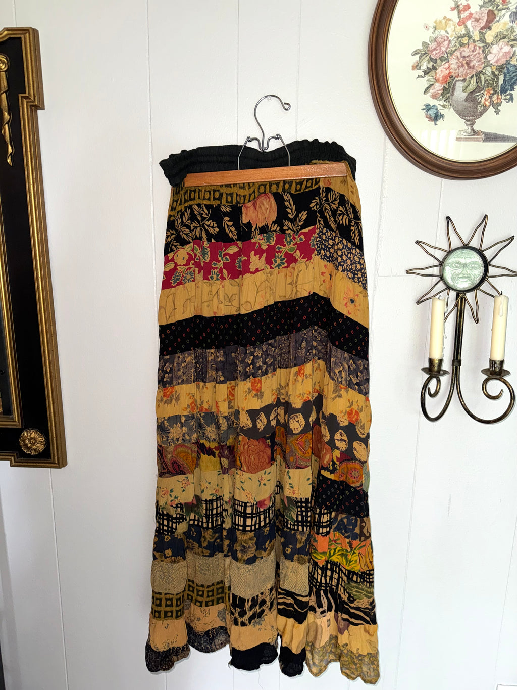Mixed Print Patchwork Maxi Skirt Fall Leaves Pattern / Made in India / ONE SIZE