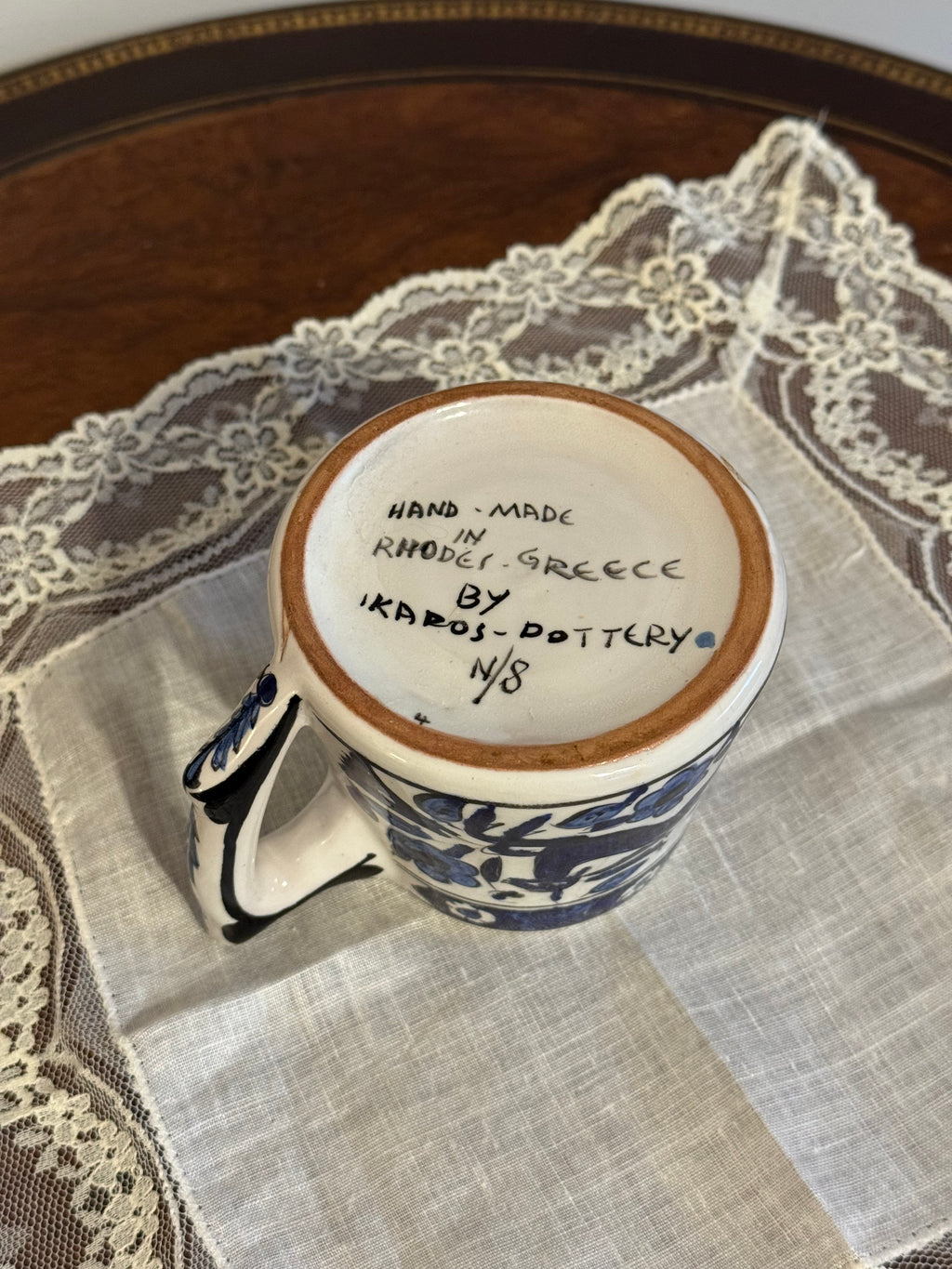 Vintage Handmade Greek Folk Pottery Mug, Cobalt Blue Leaping Deer & Floral Design—AS IS