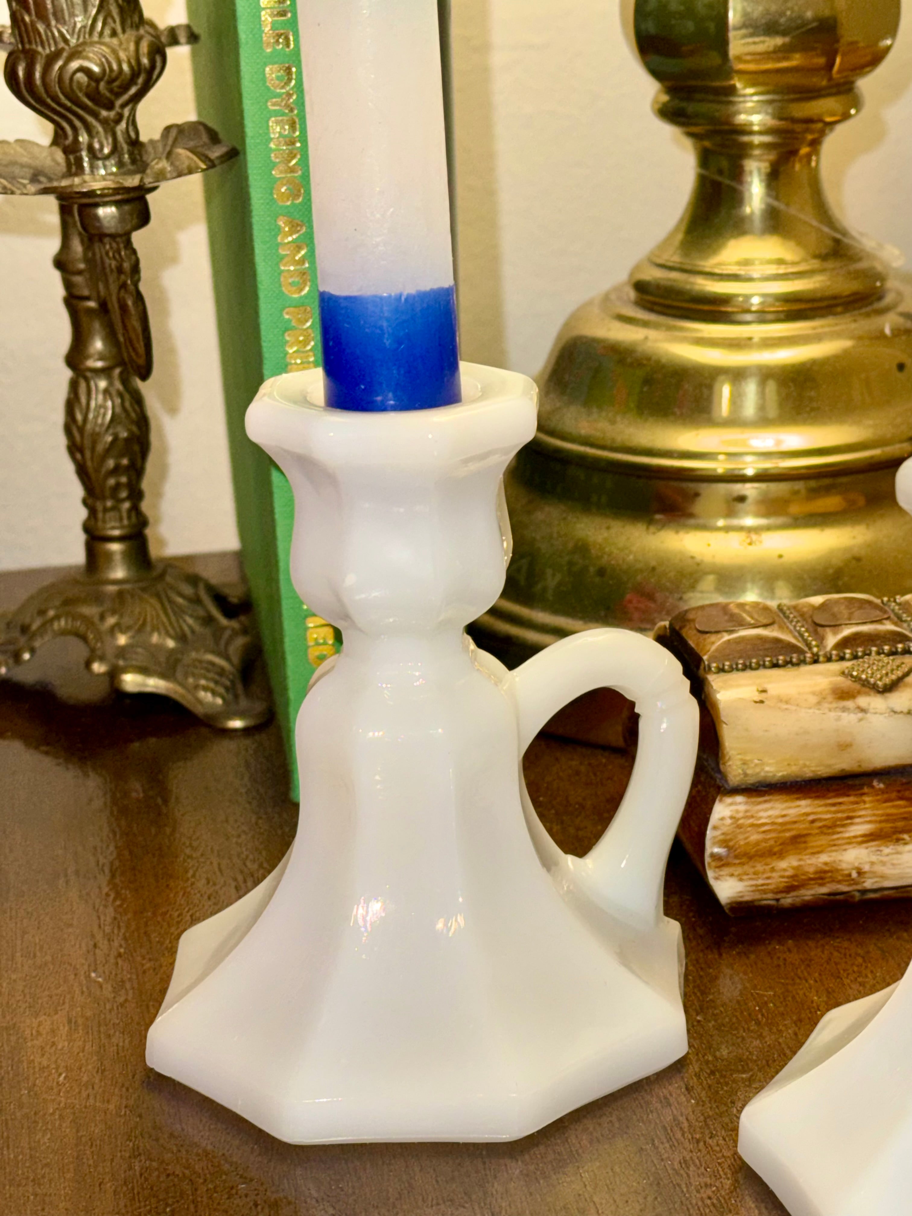 Vintage Milk Glass Candlestick Holders, Pair