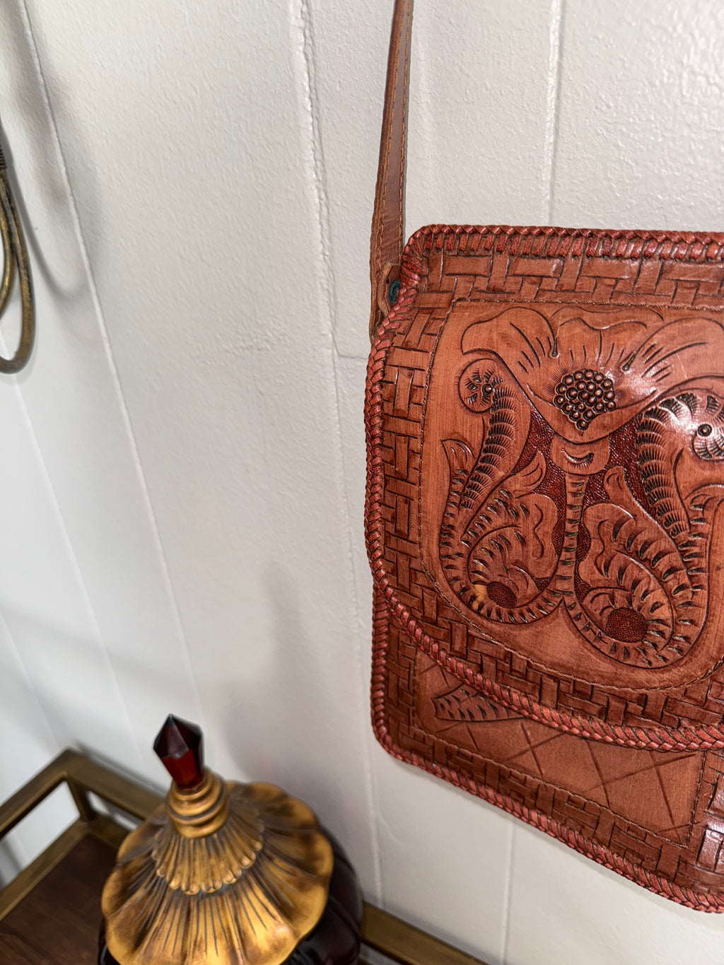 Leather Floral Carved Bag, Made in India