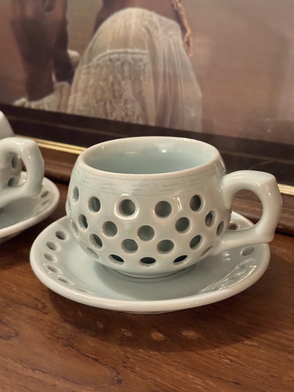 Vintage Made in Korea Celadon Pierced Double Walled Tea Cup and Saucer Set of 2