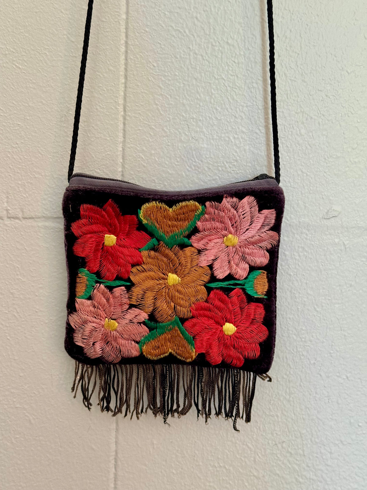 90s Mexican Velvet Embroidered Floral Fringe Purse