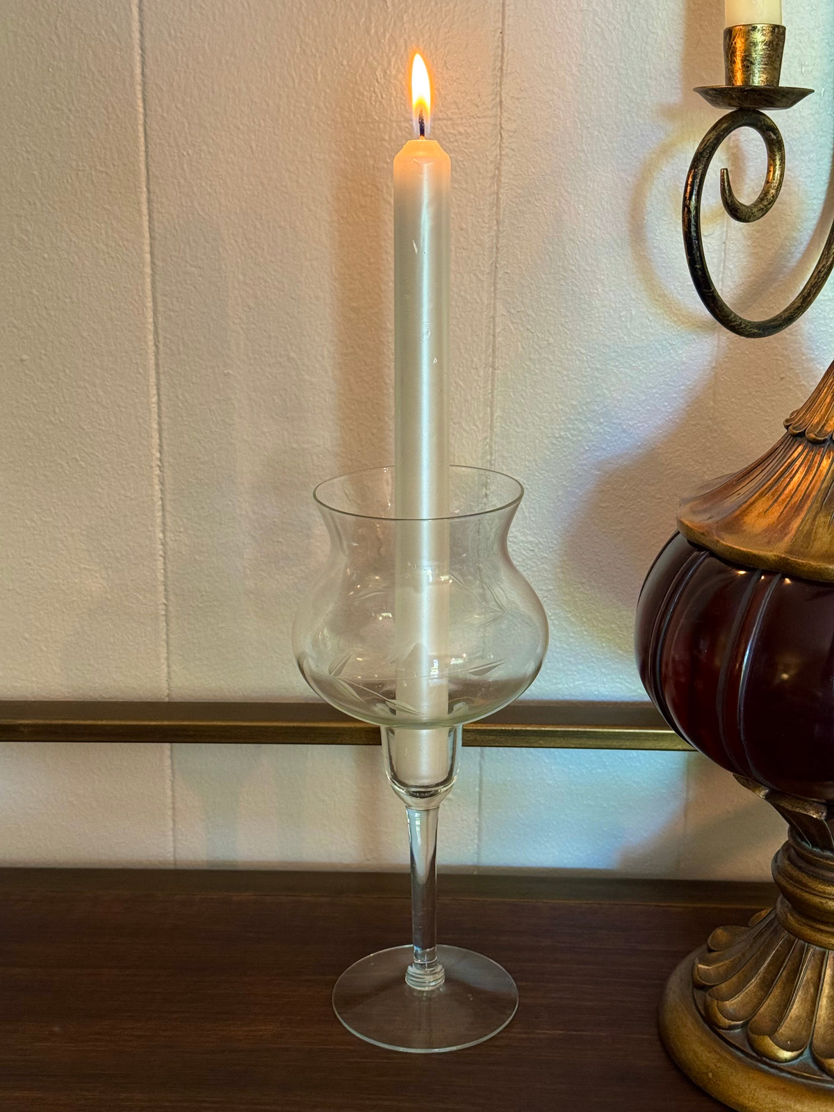 Vintage Clear Etched Glass Candle Holder 🕯️