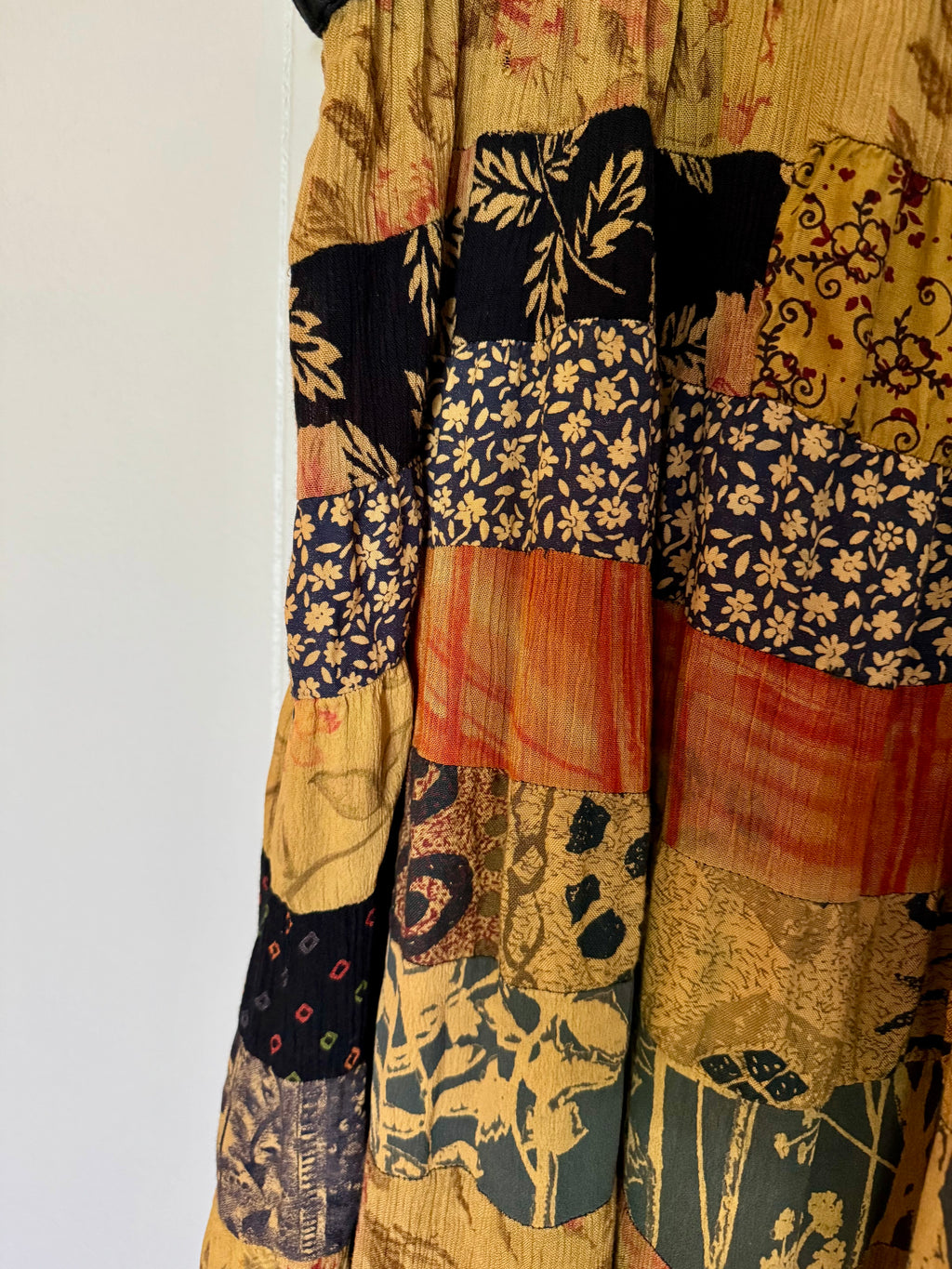 Mixed Print Patchwork Maxi Skirt Fall Leaves Pattern / Made in India / ONE SIZE