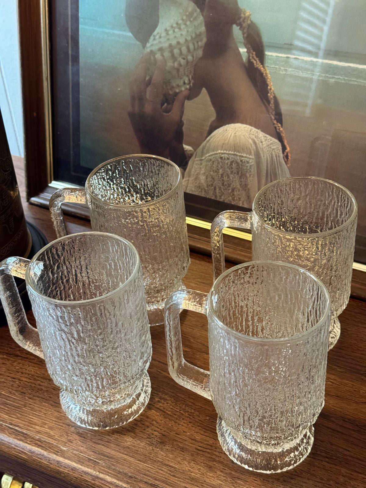 Indiana Glass MCM “Crystal Ice” Tree Bark Textured Beer Mugs, Set of 4