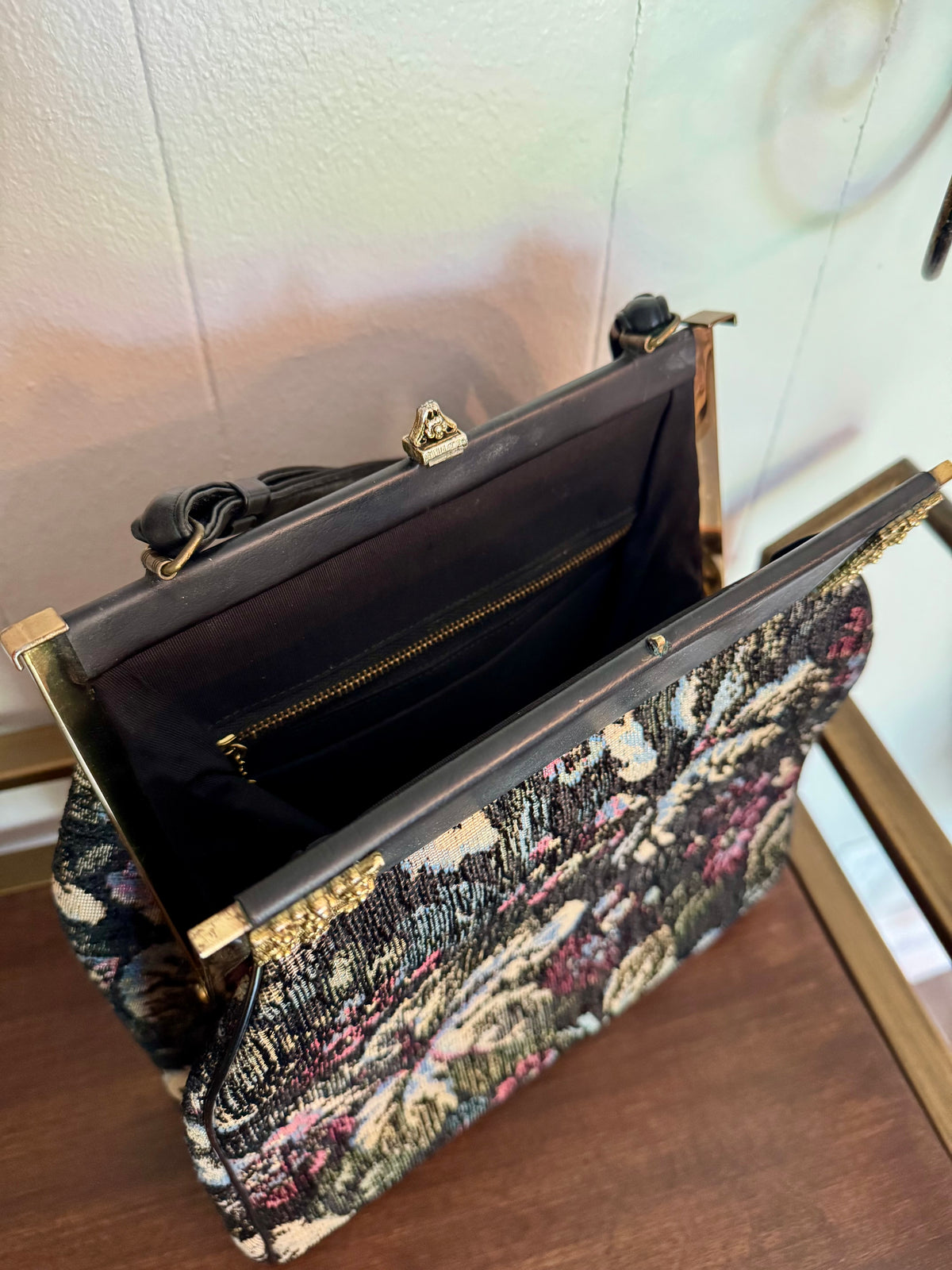 Vintage Black Floral Tapestry Handbag