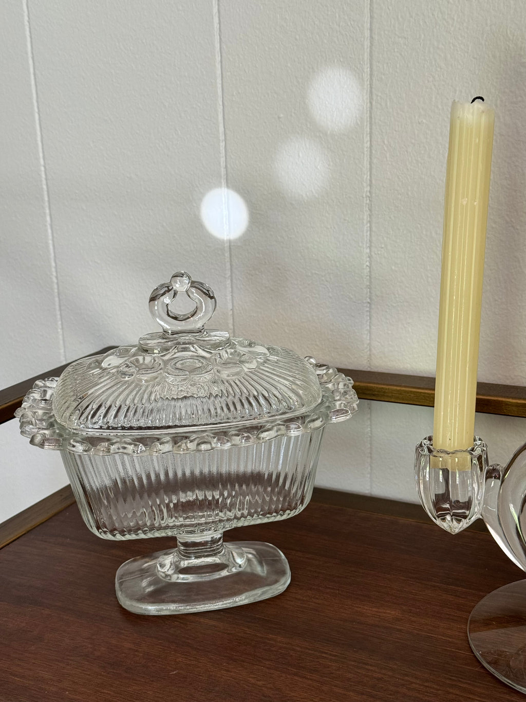 Indiana Glass Lace Edge Clear Glass Pedestal Candy Dish 1950s