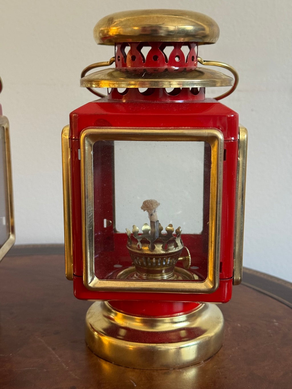 Vintage Red & Brass Lantern Oil Lamps, Set of 2