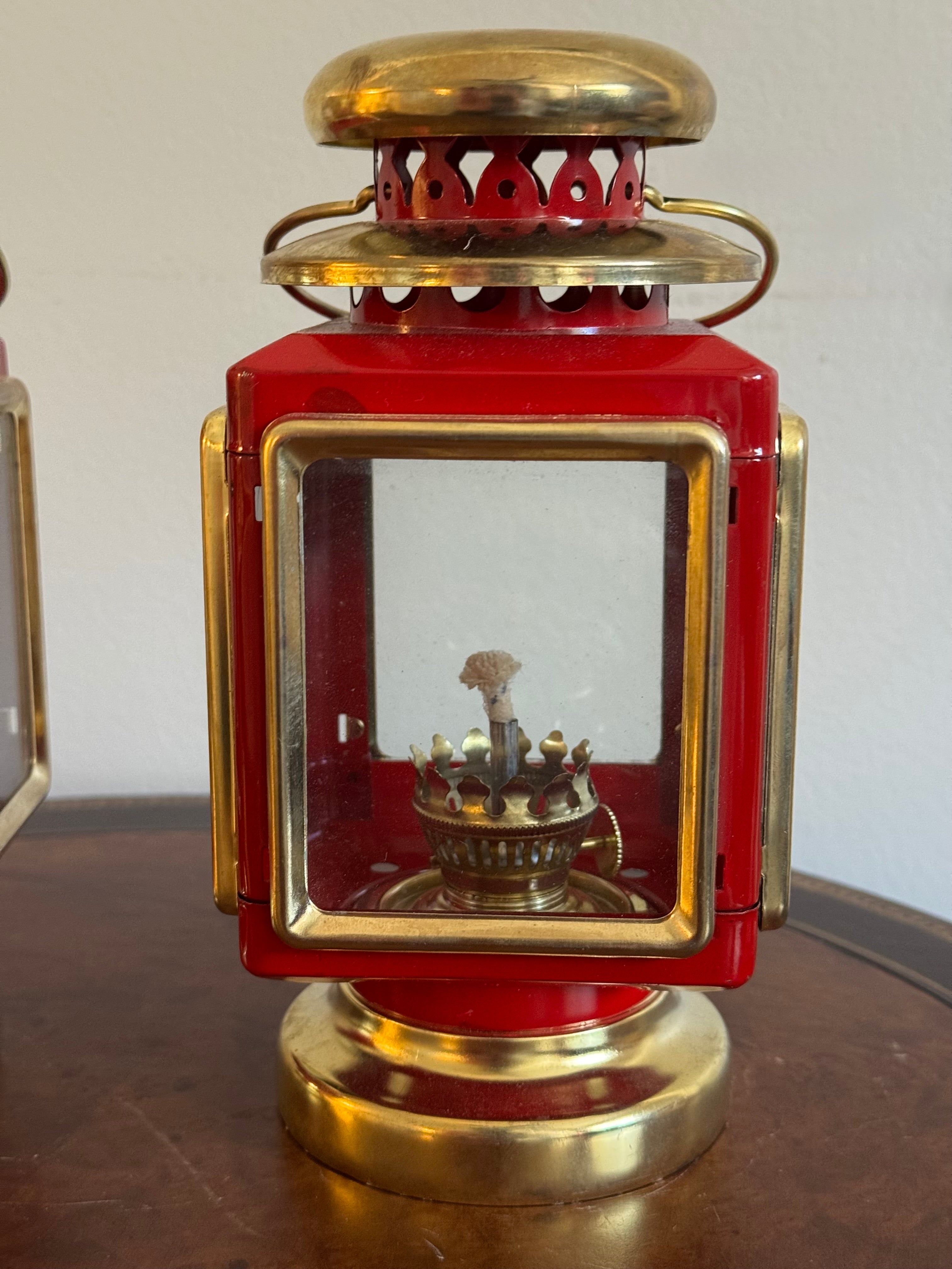 Vintage Red & Brass Lantern Oil Lamps, Set of 2