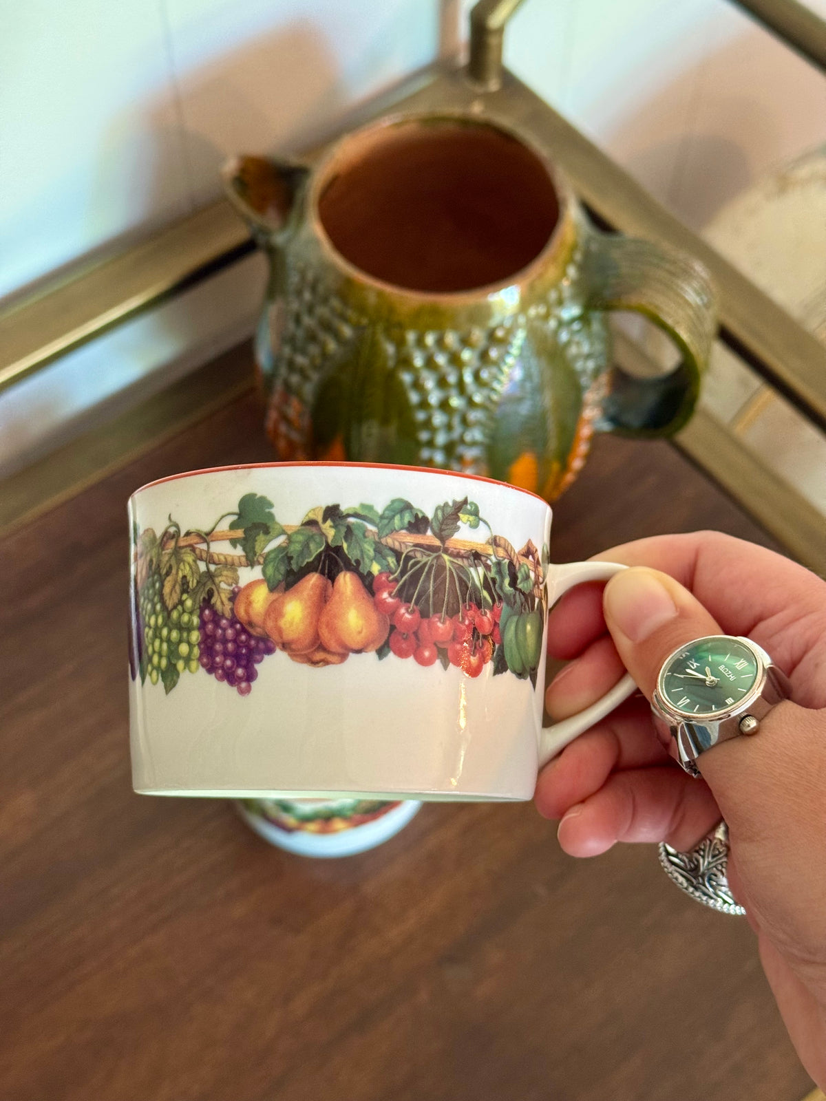 Tabletops Unlimited “Kensington Garden” Fruit Pattern Tea Cups, Set of 2 🍇 🍐 🍒 🍏 ☕️
