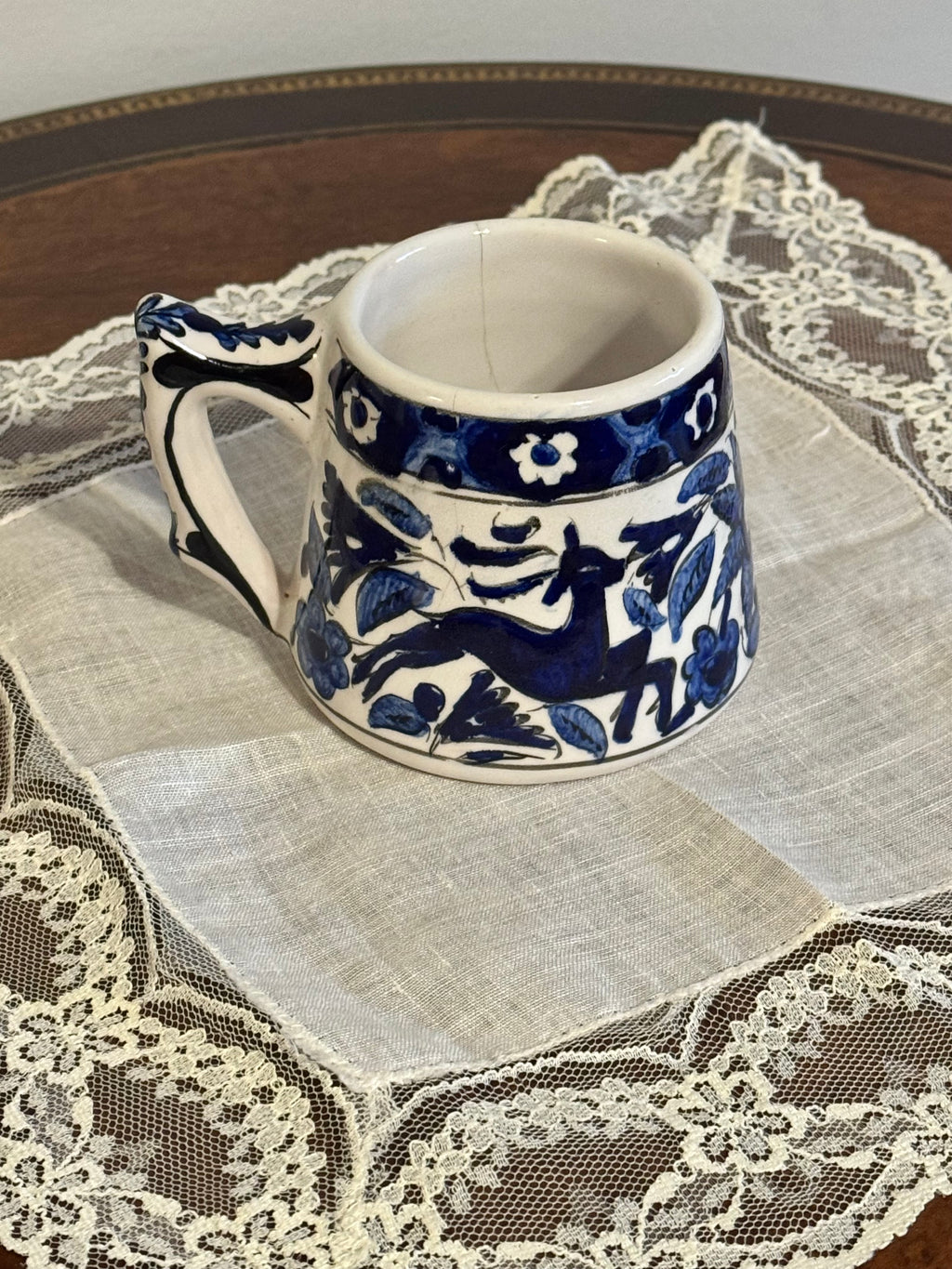 Vintage Handmade Greek Folk Pottery Mug, Cobalt Blue Leaping Deer & Floral Design—AS IS