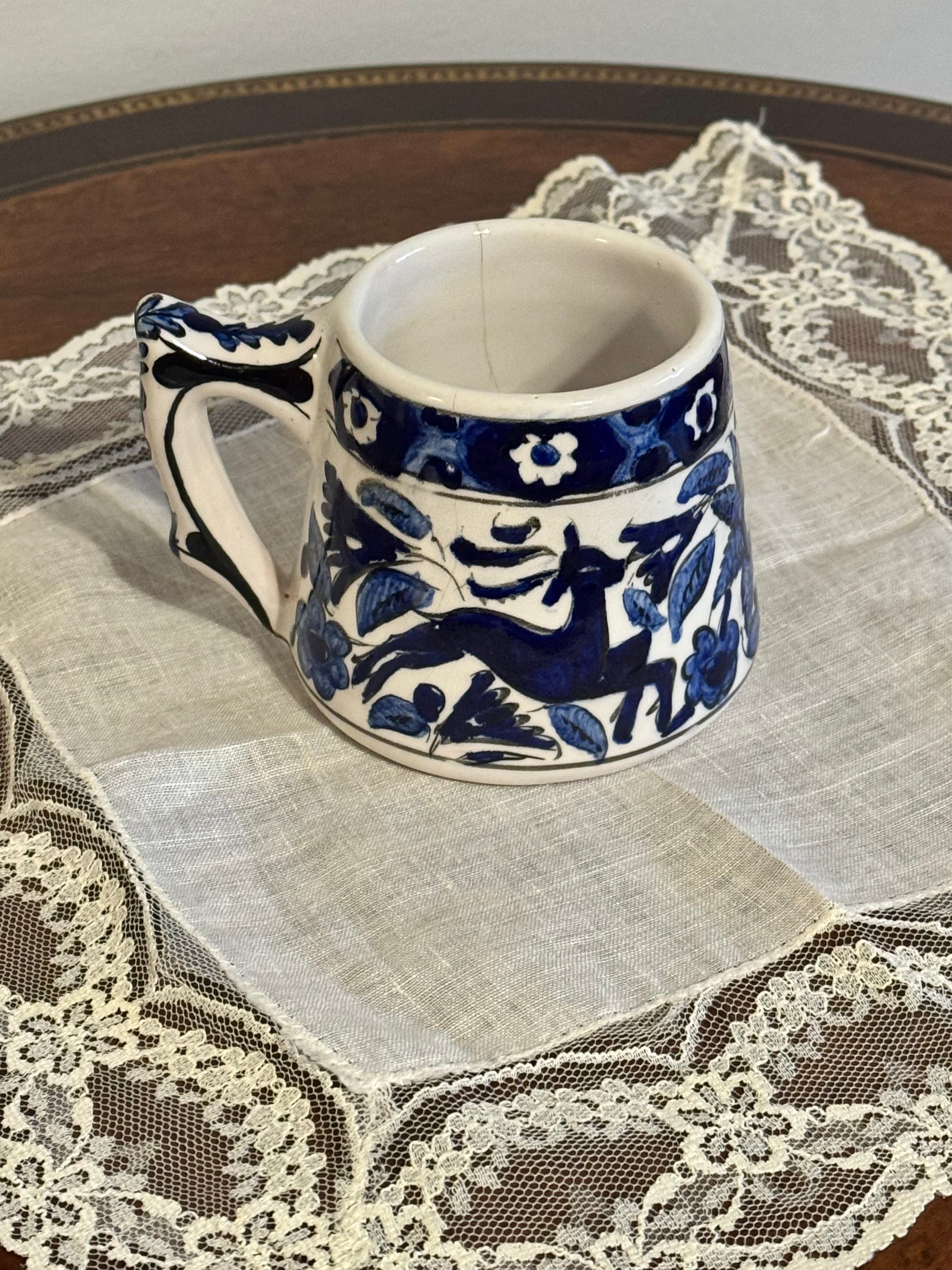 Vintage Handmade Greek Folk Pottery Mug, Cobalt Blue Leaping Deer & Floral Design—AS IS
