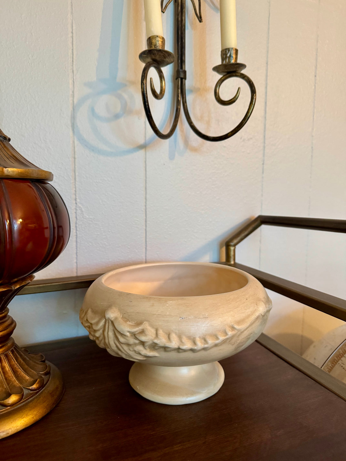 Footed Pedestal Planter / Console Bowl with Raised Scroll Pattern