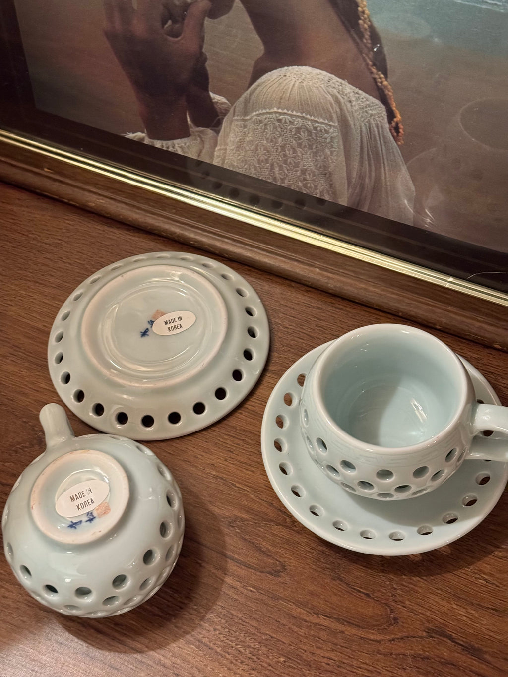 Vintage Made in Korea Celadon Pierced Double Walled Tea Cup and Saucer Set of 2