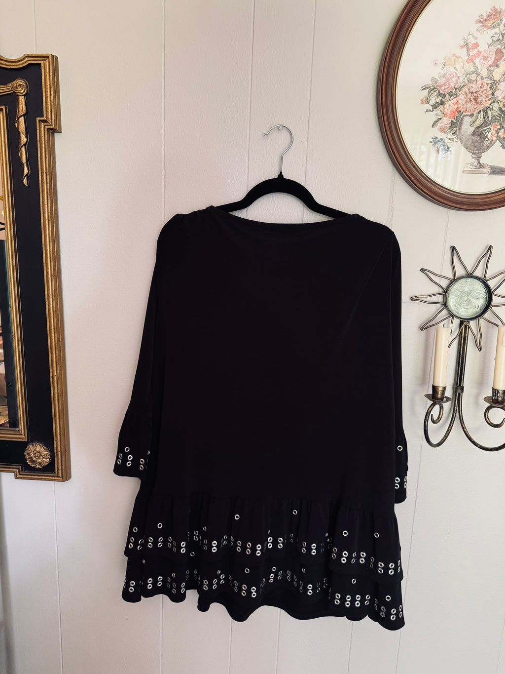 Vintage Fontana Black Bell Sleeve Grommet Blouse / Size XL