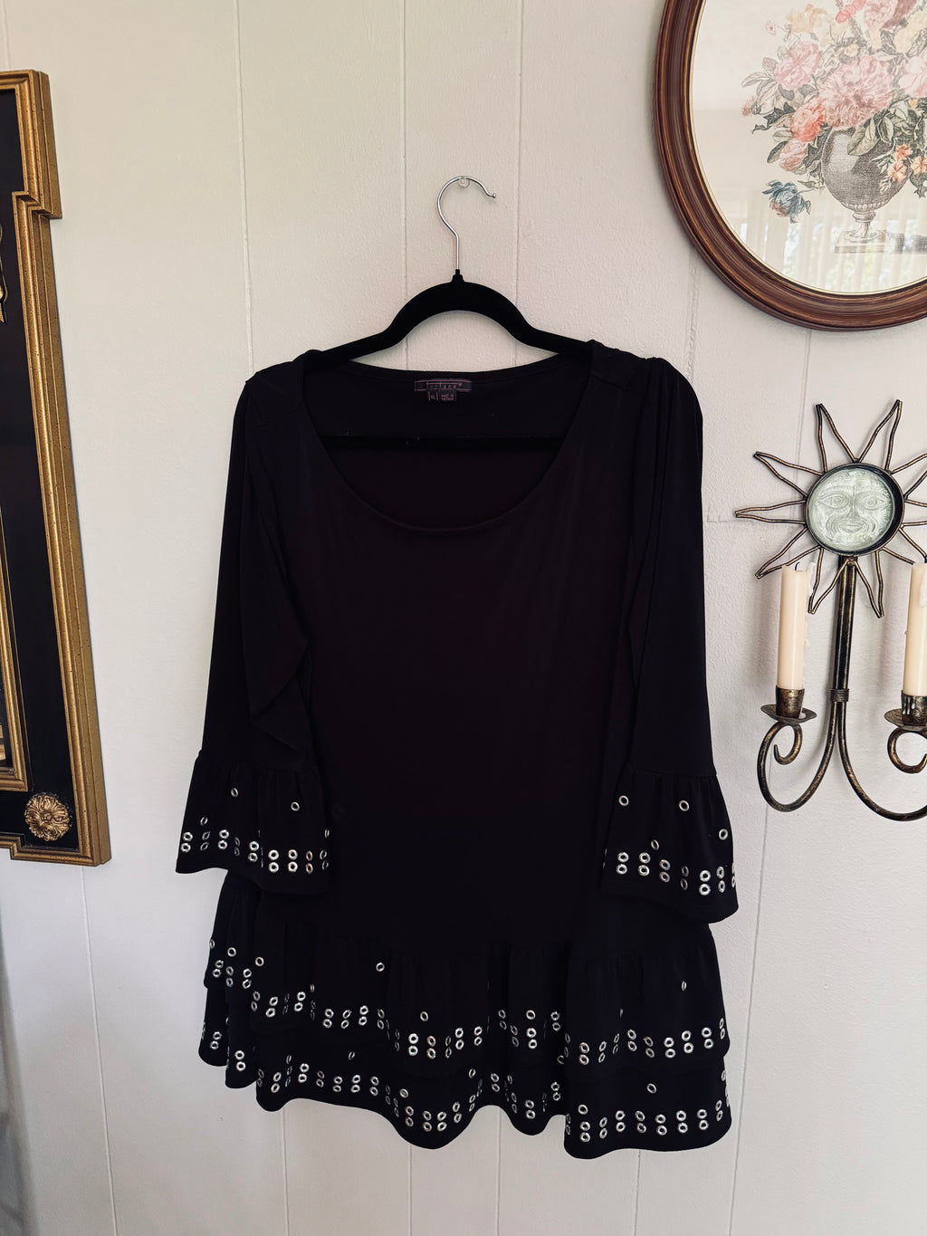 Vintage Fontana Black Bell Sleeve Grommet Blouse / Size XL