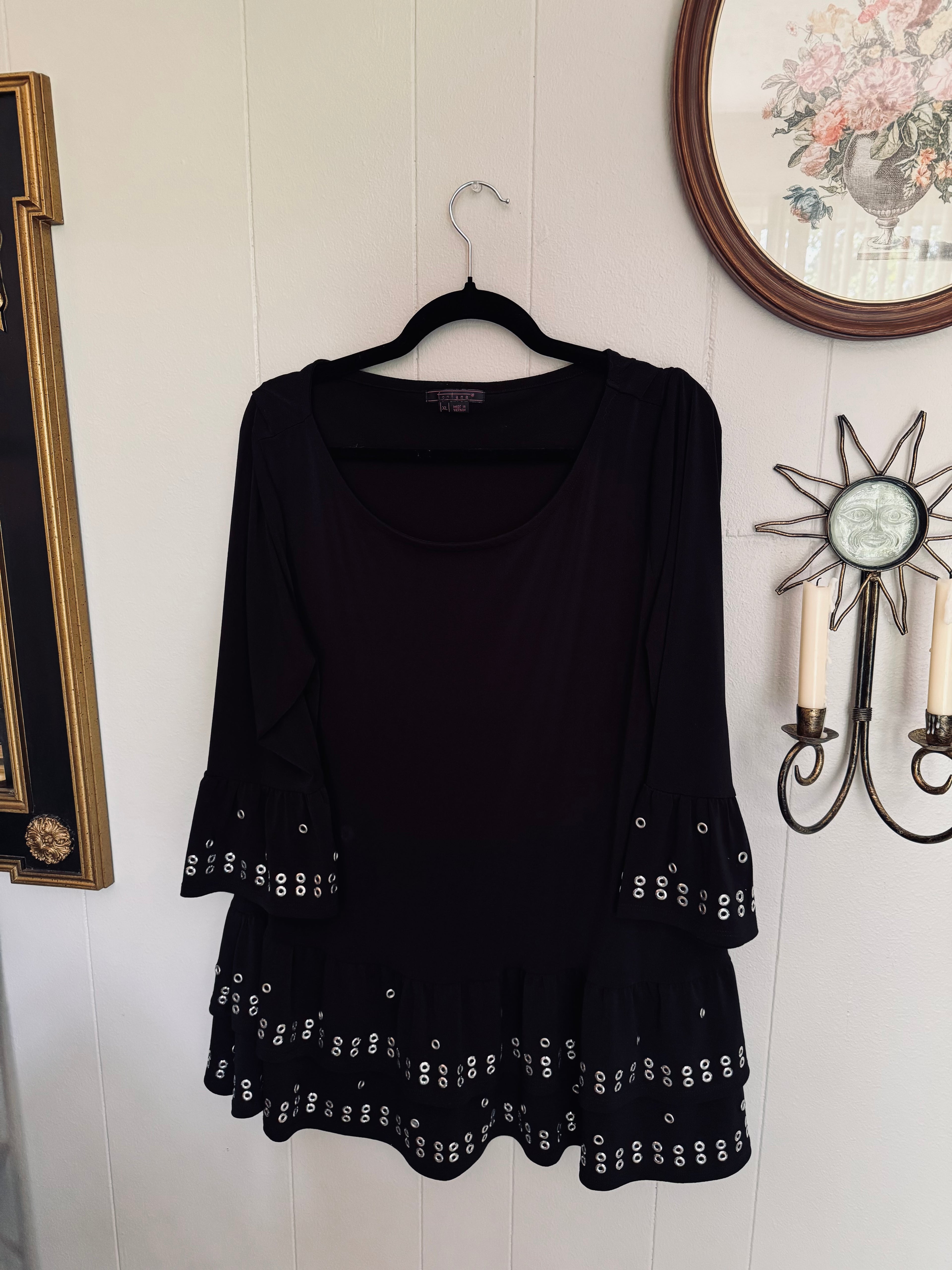 Vintage Fontana Black Bell Sleeve Grommet Blouse / Size XL
