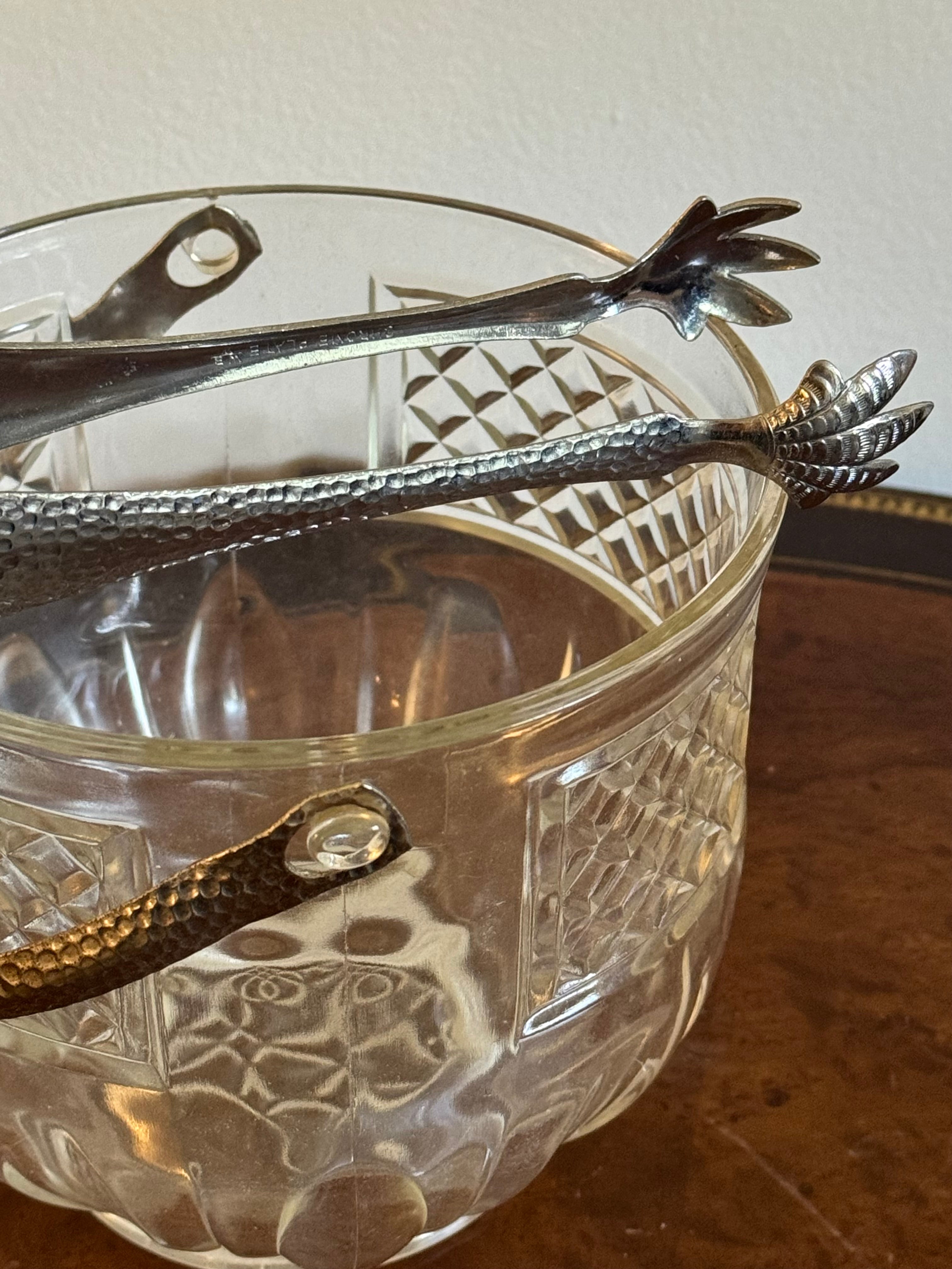 Vintage 1940s-60s Pressed Glass Ice Bucket with Tongs