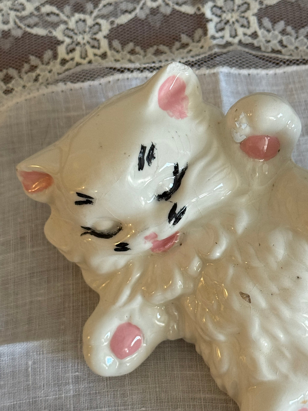 Vintage Ceramic Persian Cat Pink Paws Sleeping Eyes