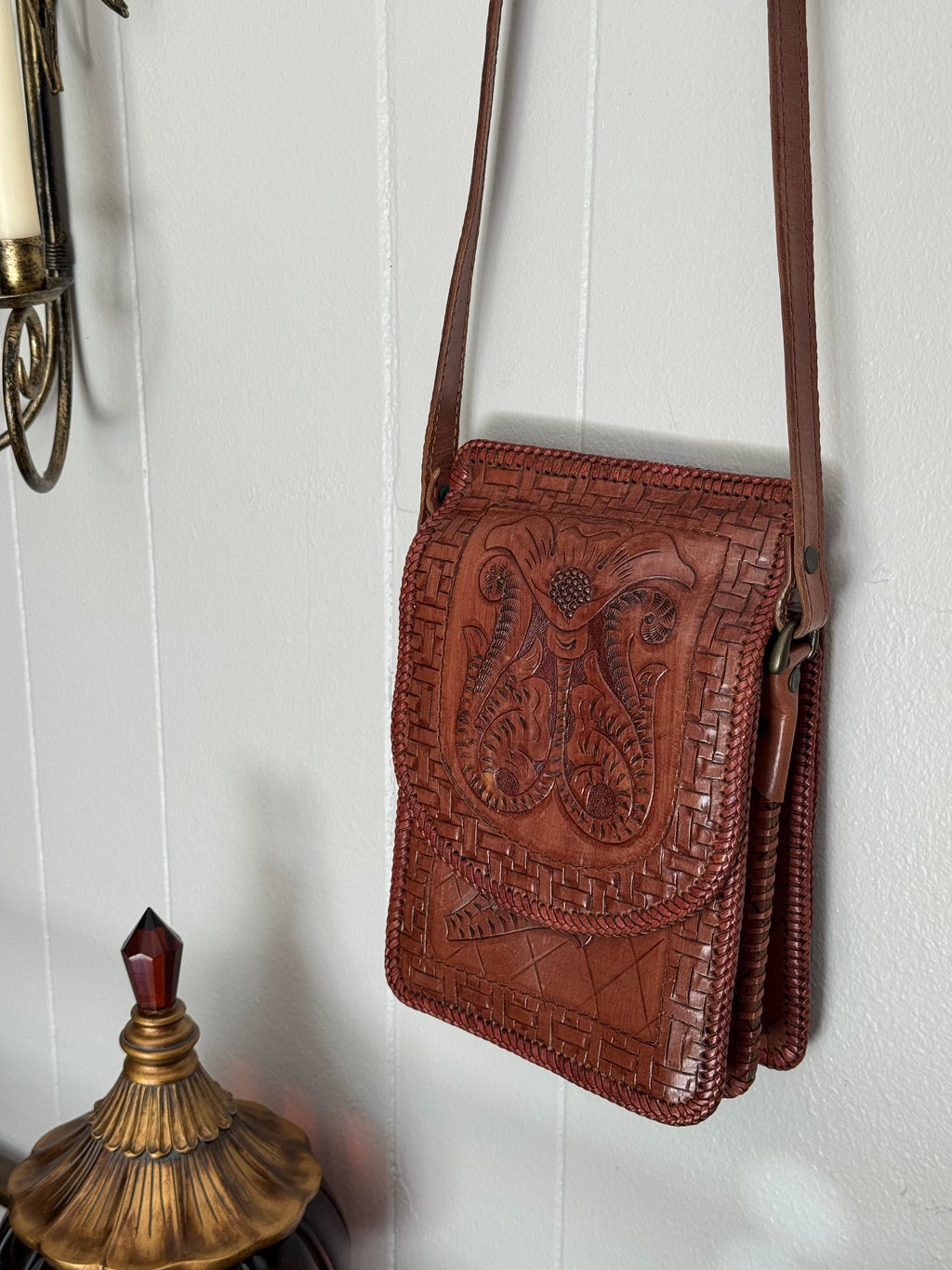 Leather Floral Carved Bag, Made in India