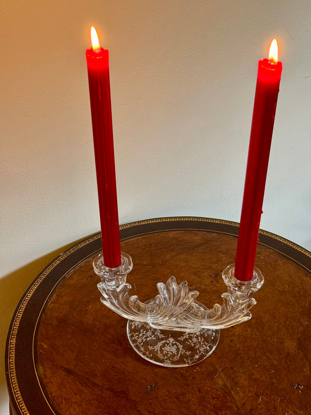 Etched Double Candlestick Holder / Chintz by Fostoria / Boroque Shaped