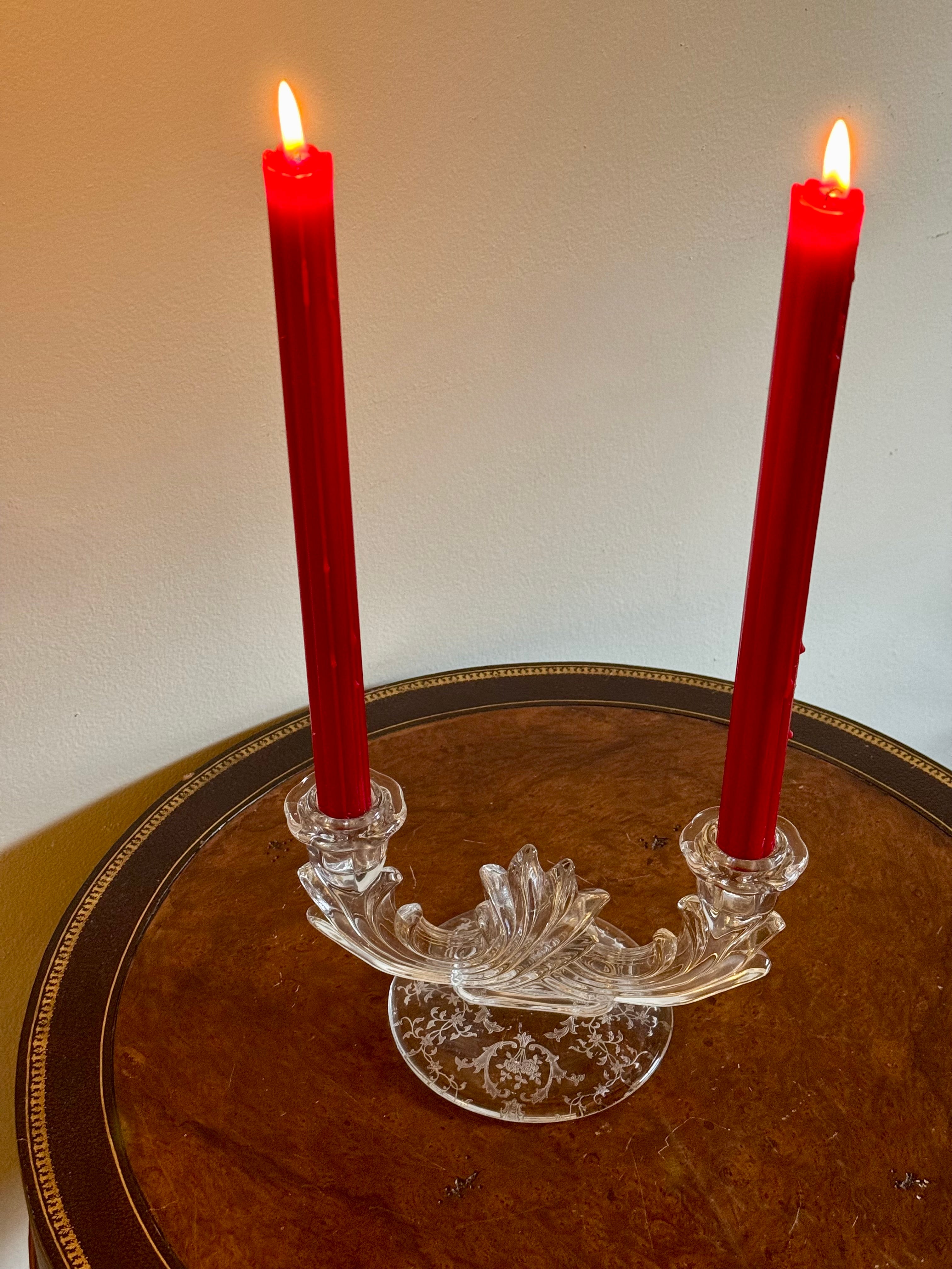 Etched Double Candlestick Holder / Chintz by Fostoria / Boroque Shaped