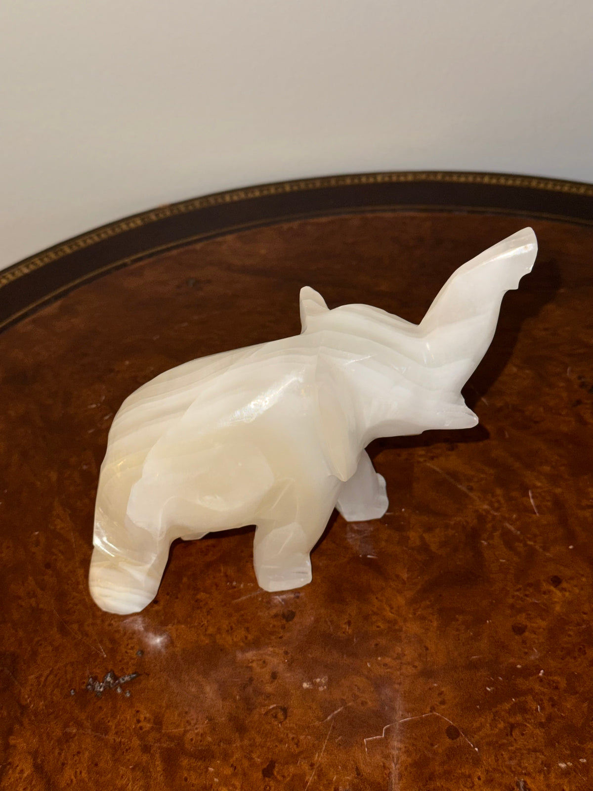 Carved White Onyx Elephant Figurine Trunk Up