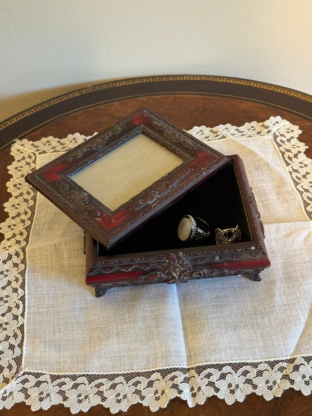 Vintage Ornate Victorian-Style Trinket / Jewelry Box with Photo Lid