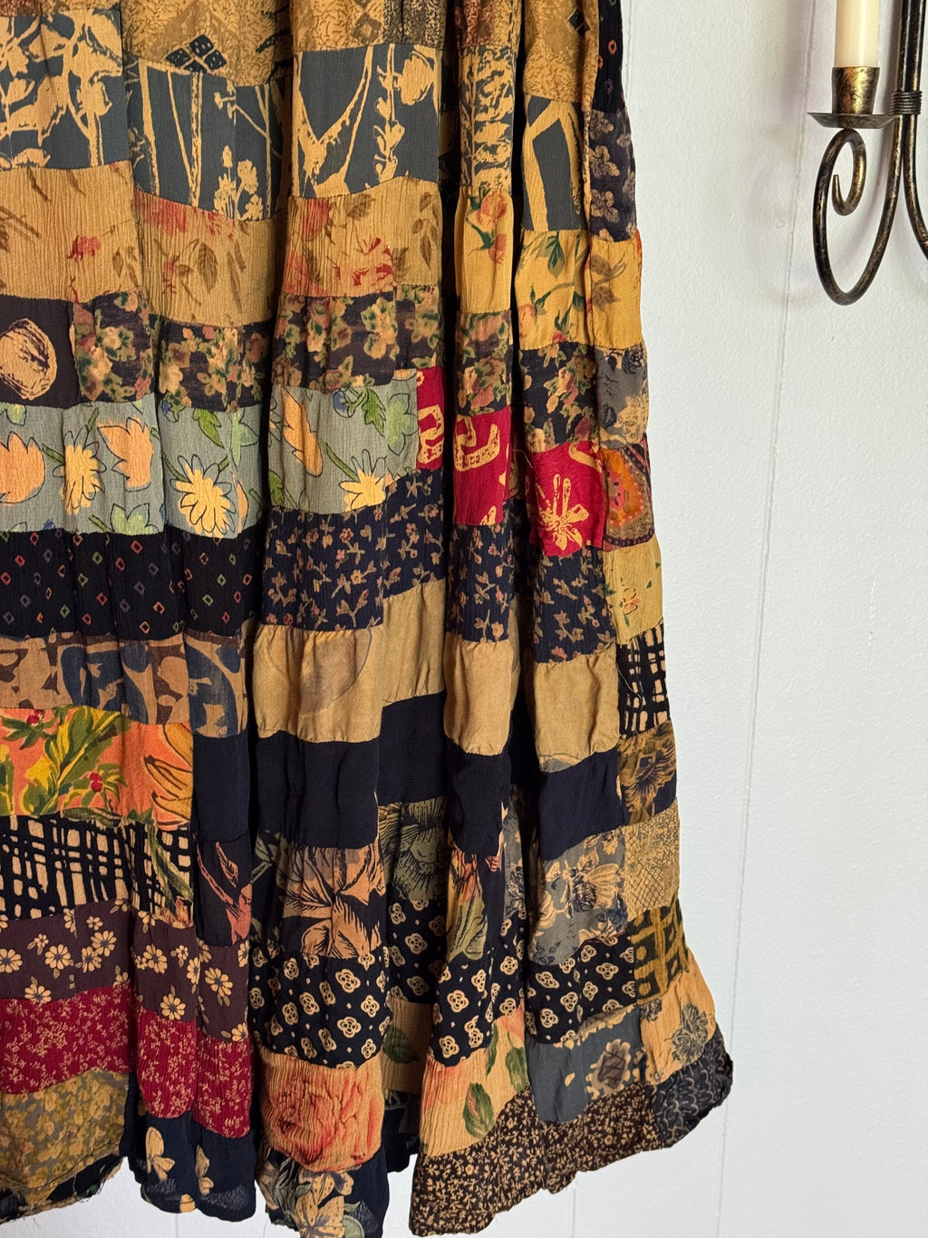 Mixed Print Patchwork Maxi Skirt Fall Leaves Pattern / Made in India / ONE SIZE