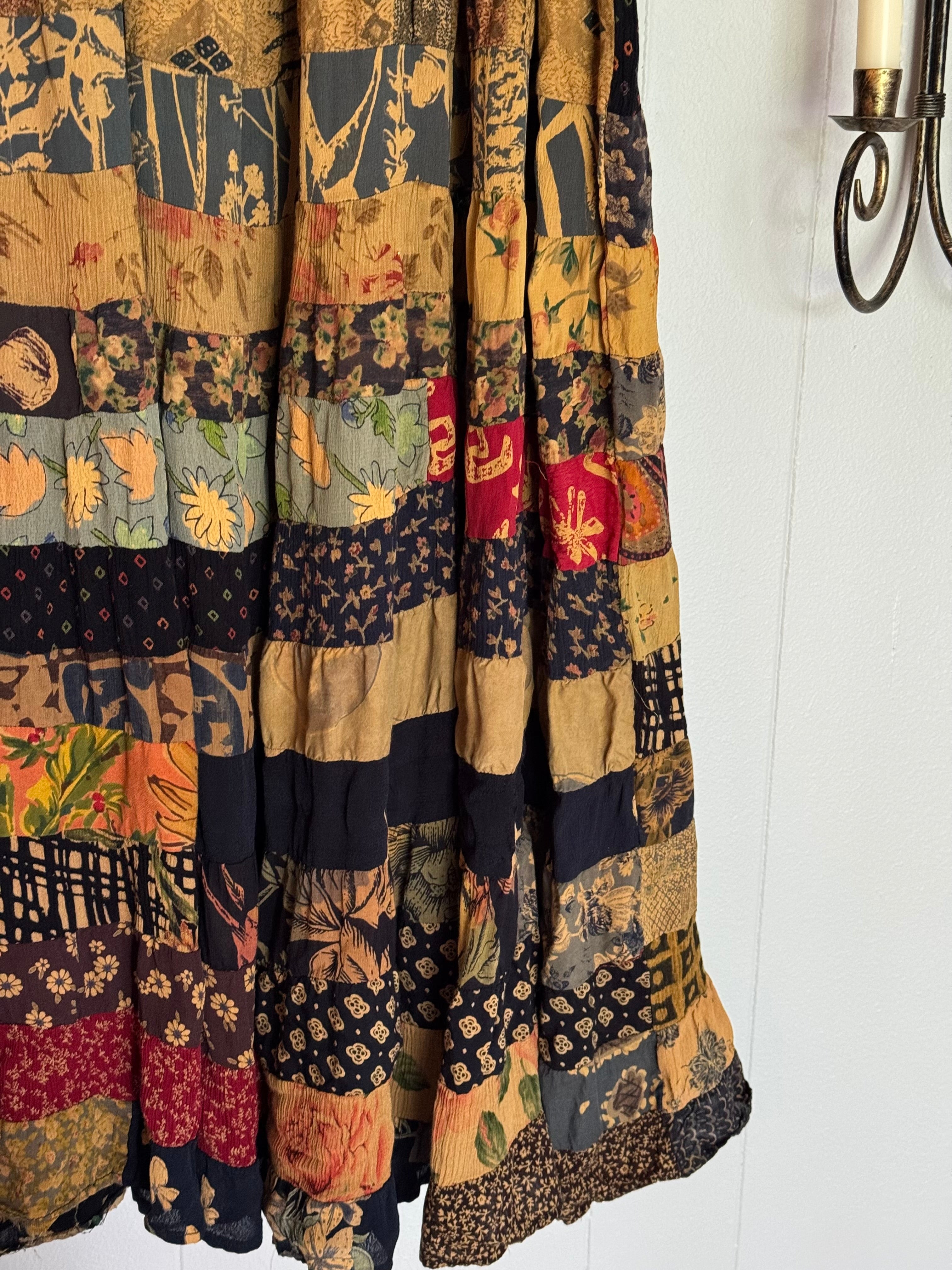 Mixed Print Patchwork Maxi Skirt Fall Leaves Pattern / Made in India / ONE SIZE