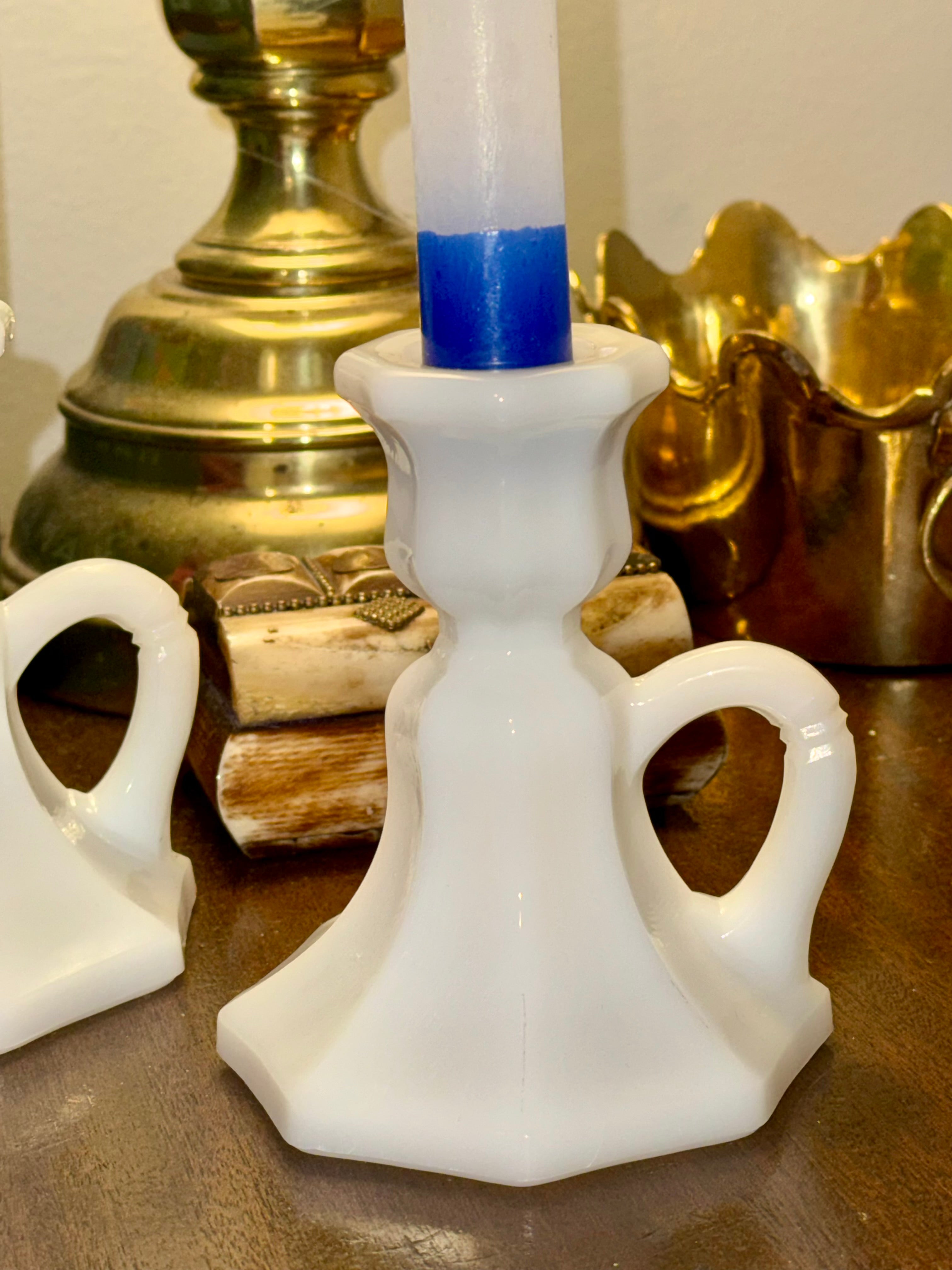 Vintage Milk Glass Candlestick Holders, Pair