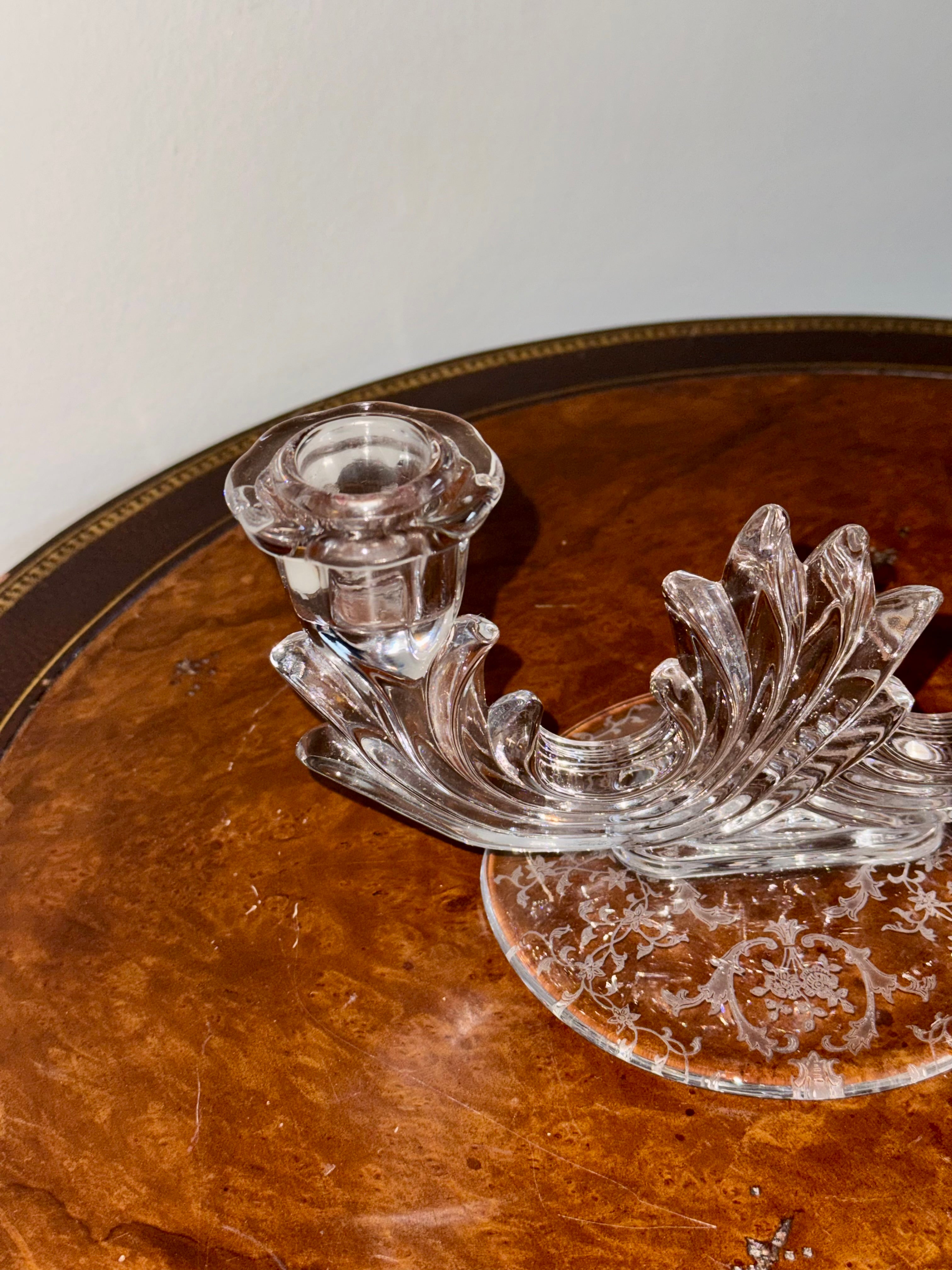 Etched Double Candlestick Holder / Chintz by Fostoria / Boroque Shaped