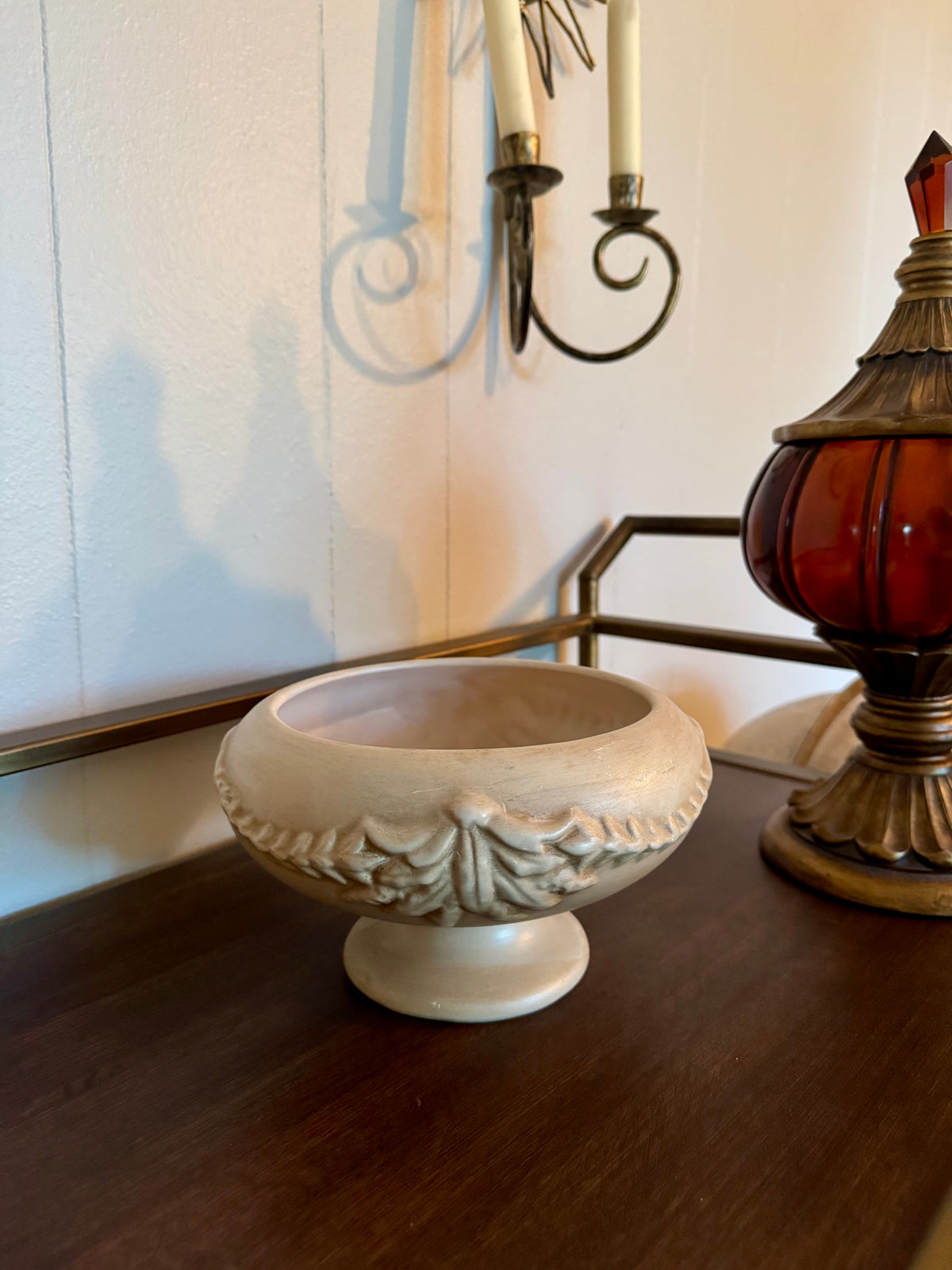 Footed Pedestal Planter / Console Bowl with Raised Scroll Pattern