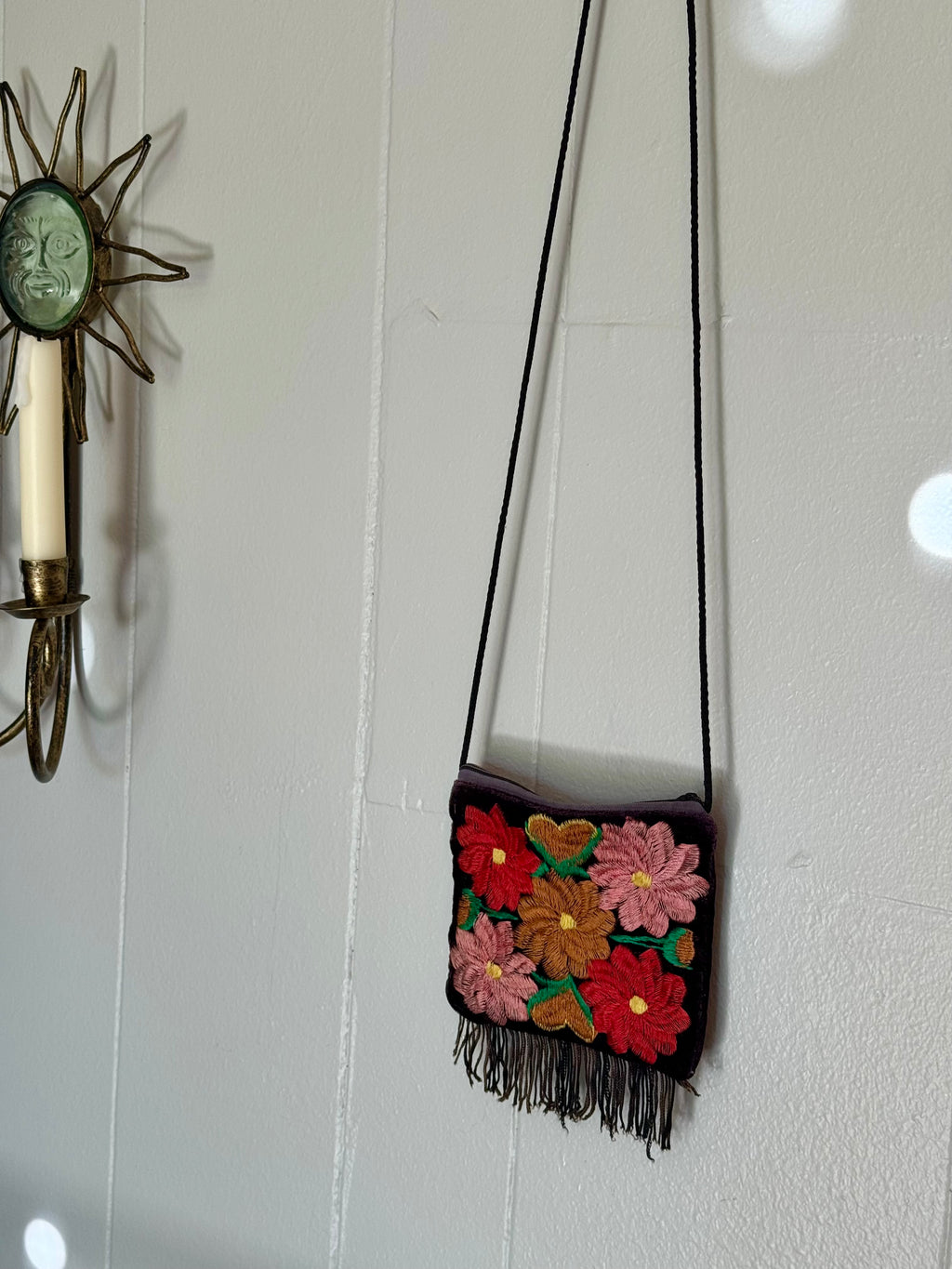 90s Mexican Velvet Embroidered Floral Fringe Purse