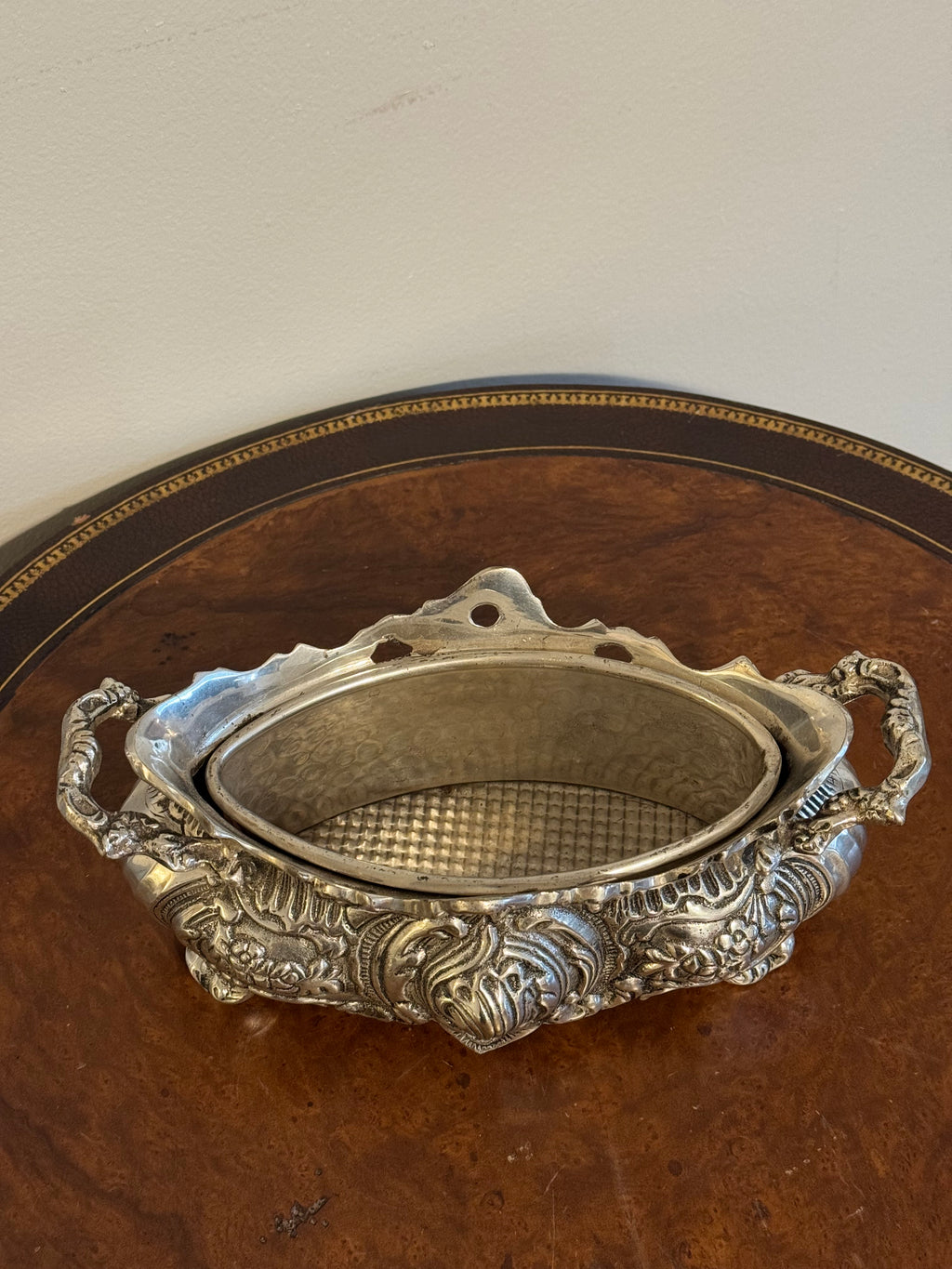 Vintage Ornate Rococo Silver-Toned Footed Planter